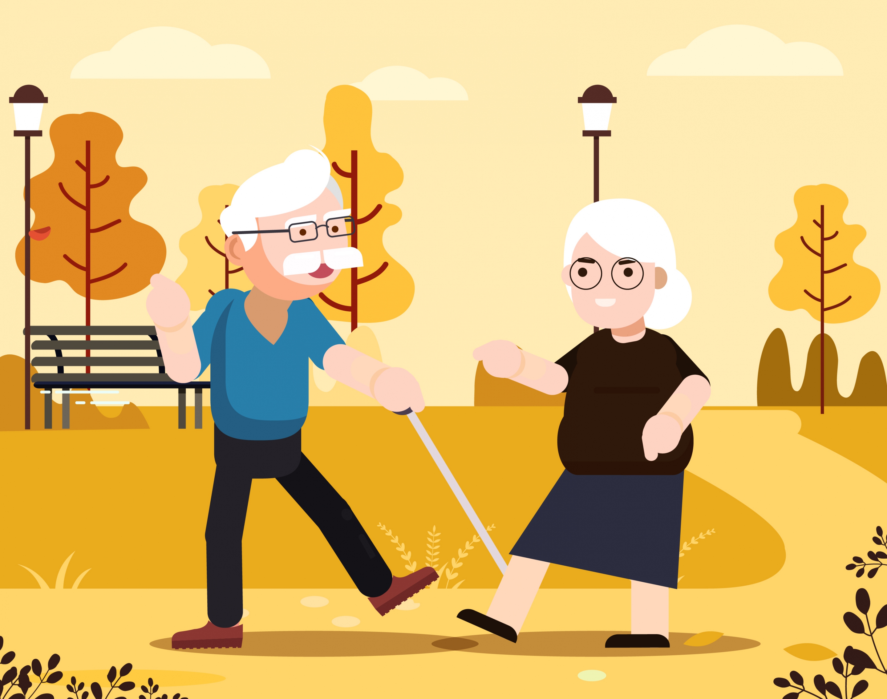 old age background couple park icons cartoon design