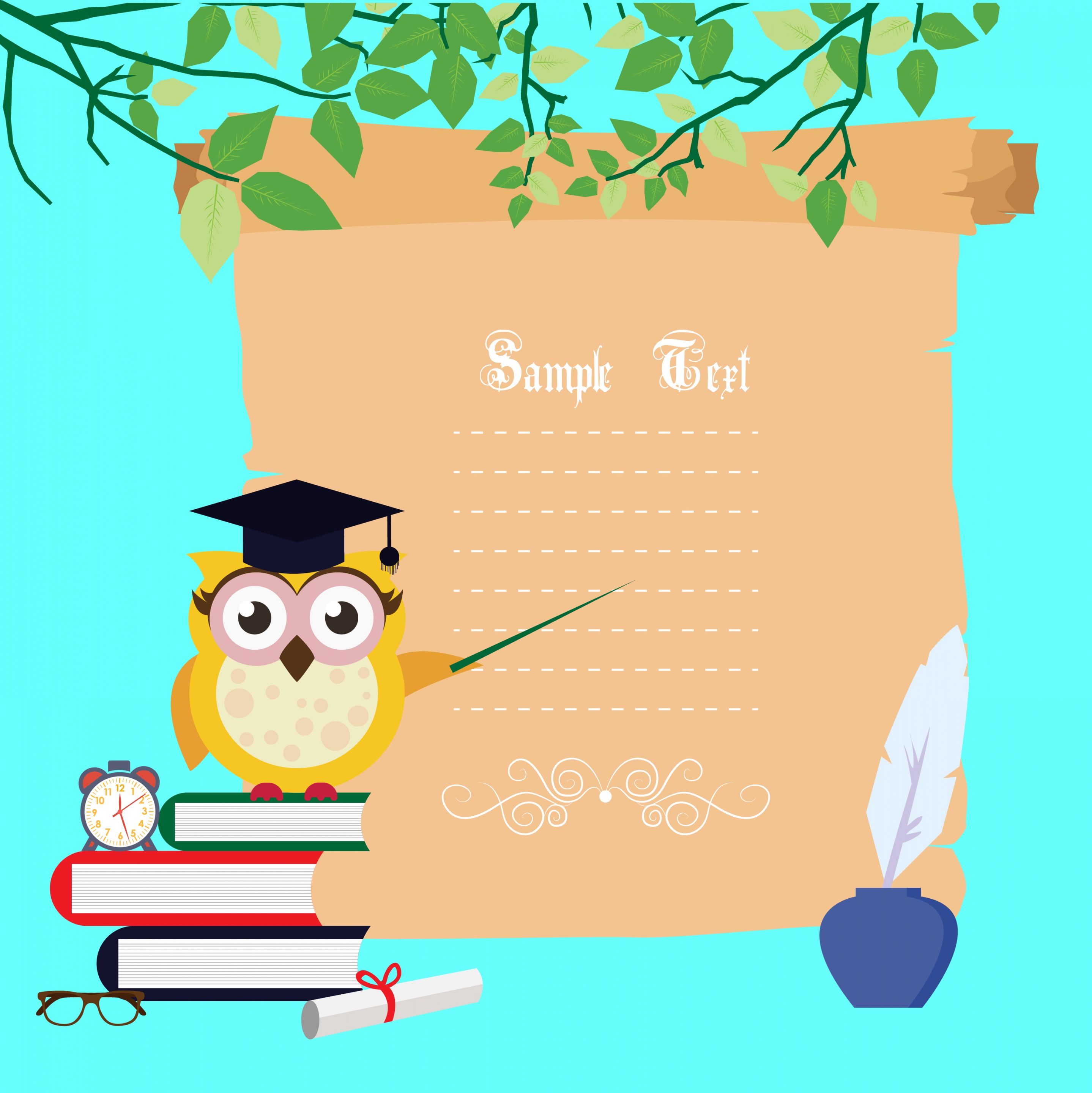 card background owl books icons colored stylized cartoon