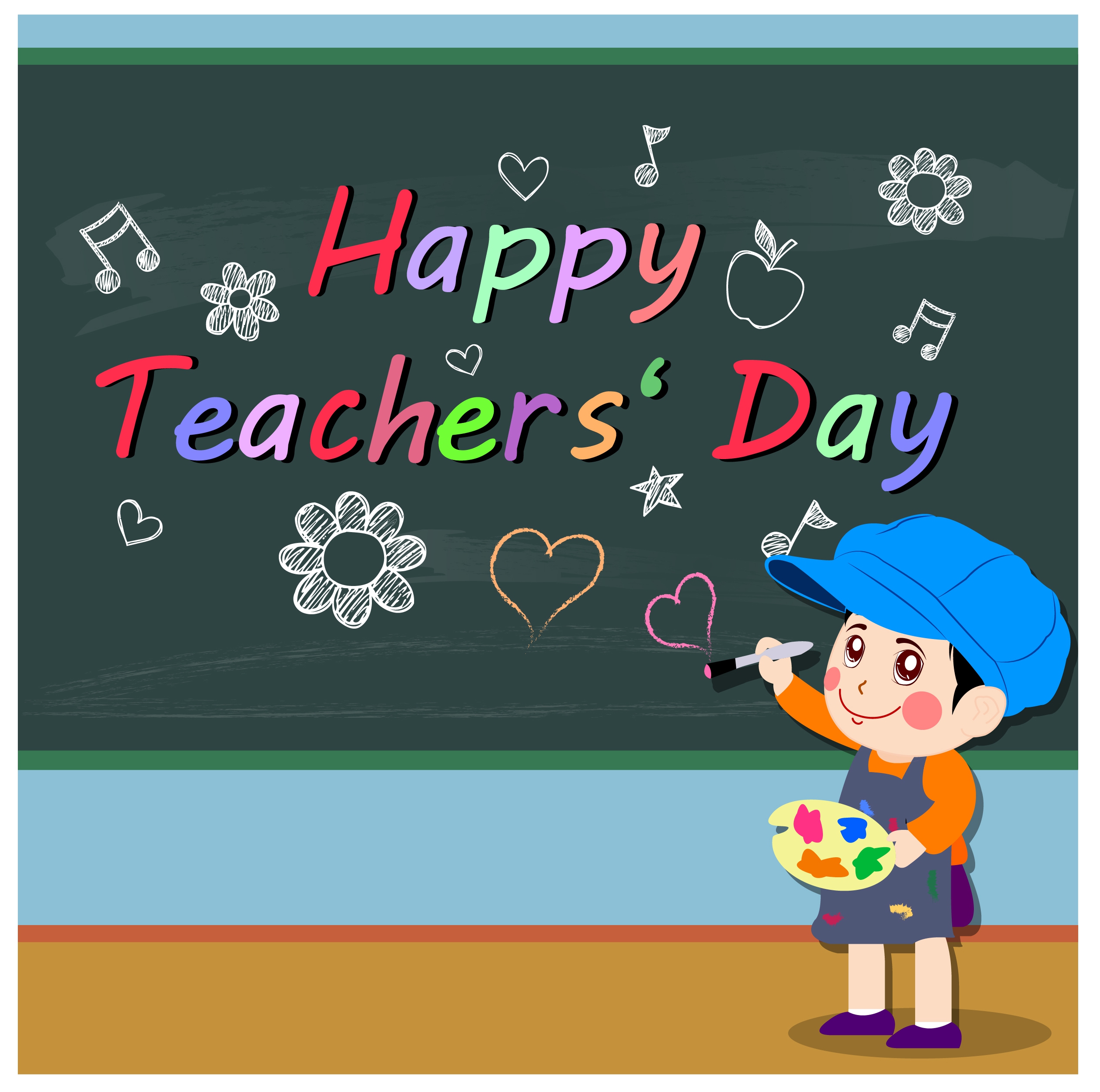 teachers day banner with pupil and chalkboard illustration