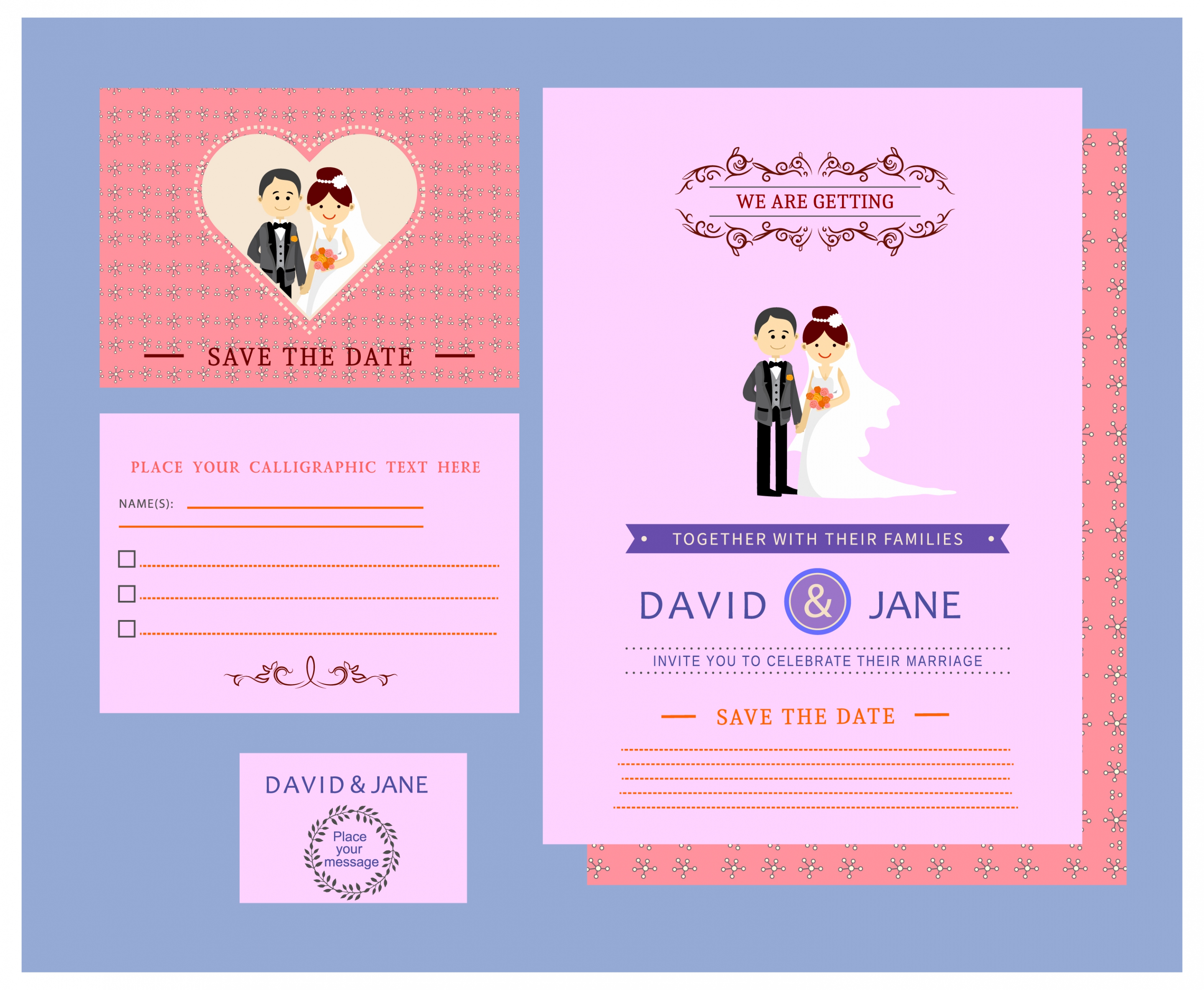 wedding card templates couple design on colored background