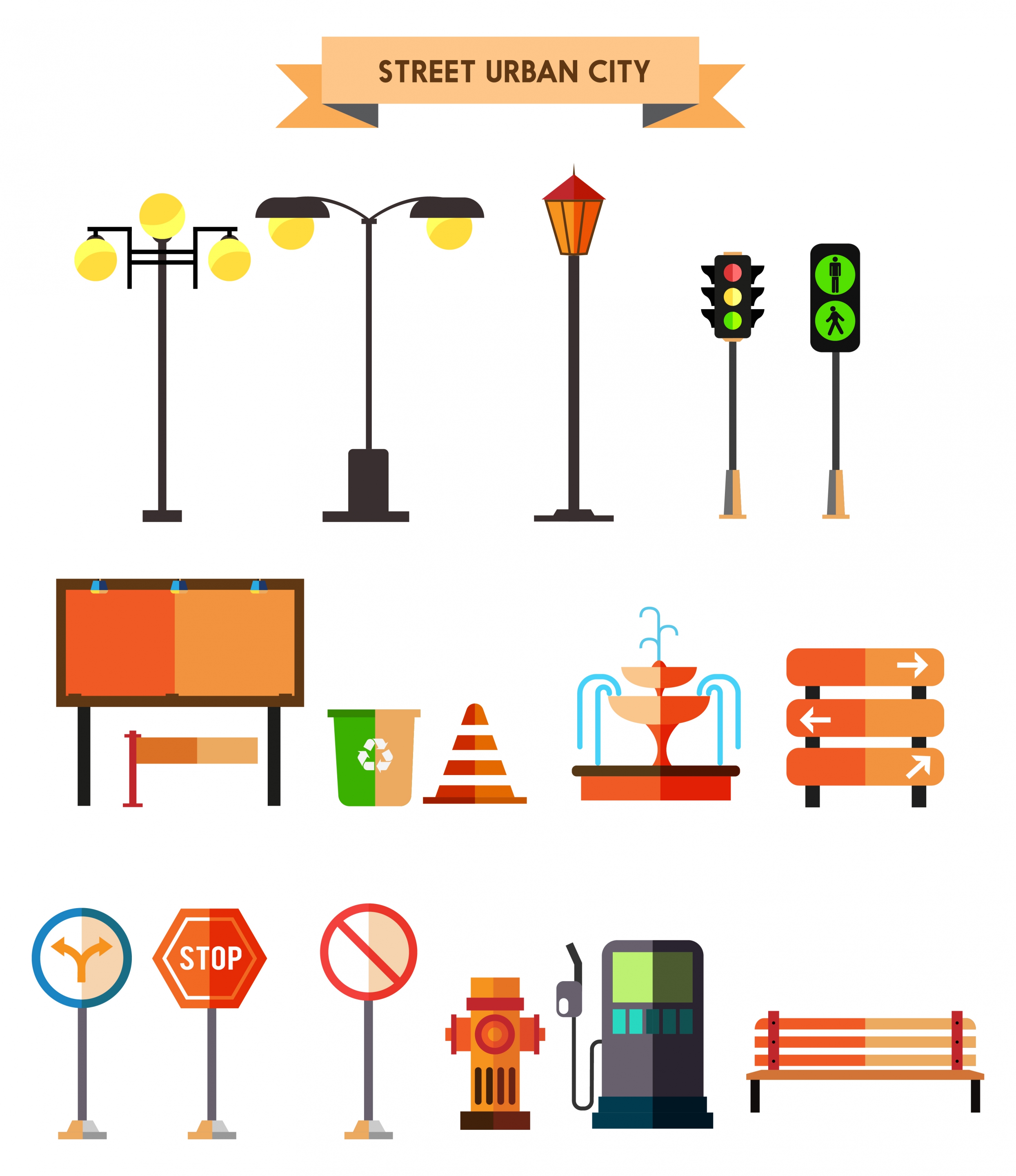 urban design elements in colored symbols isolation