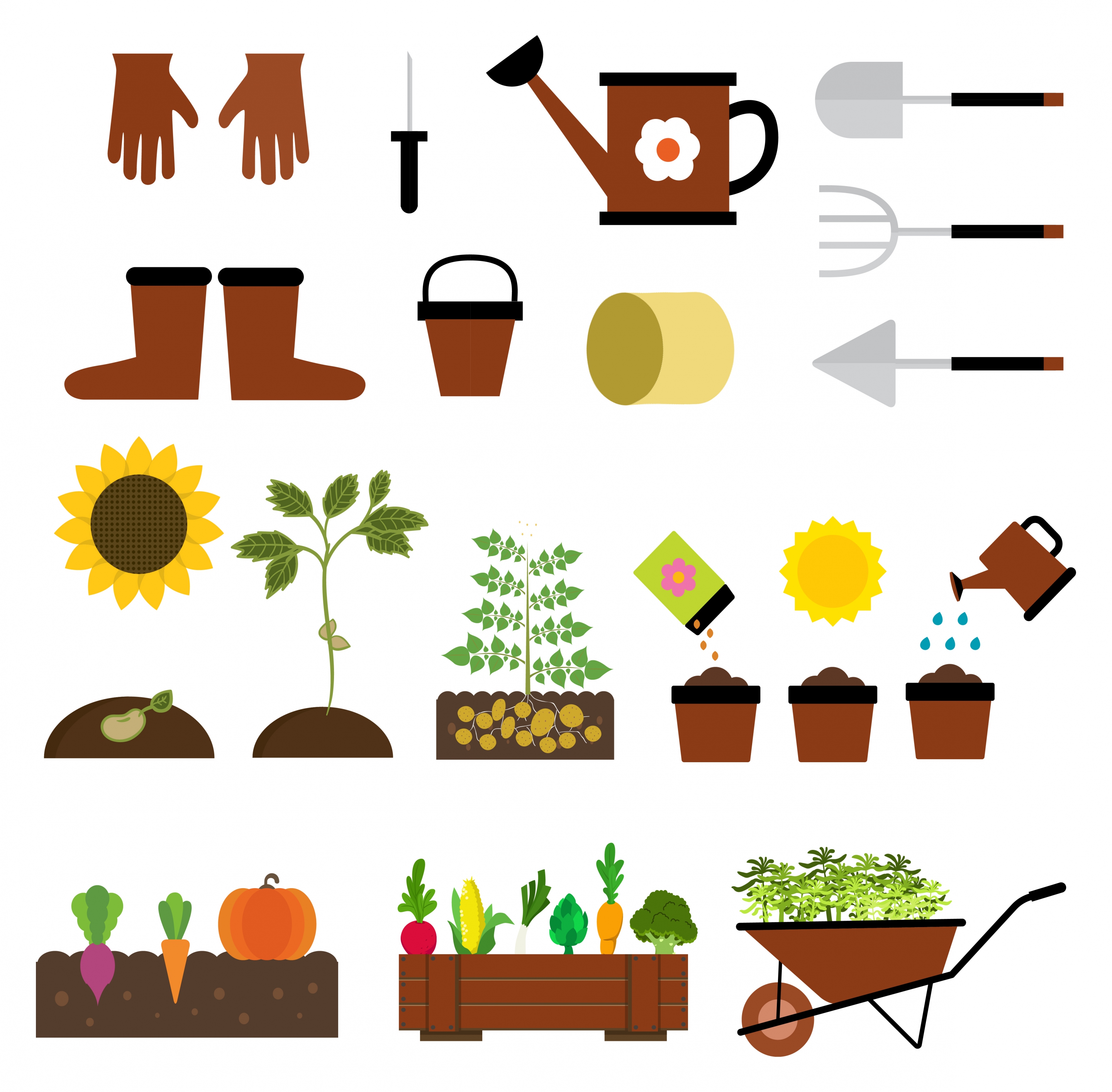 gardening icons isolation with various tools and vegetables