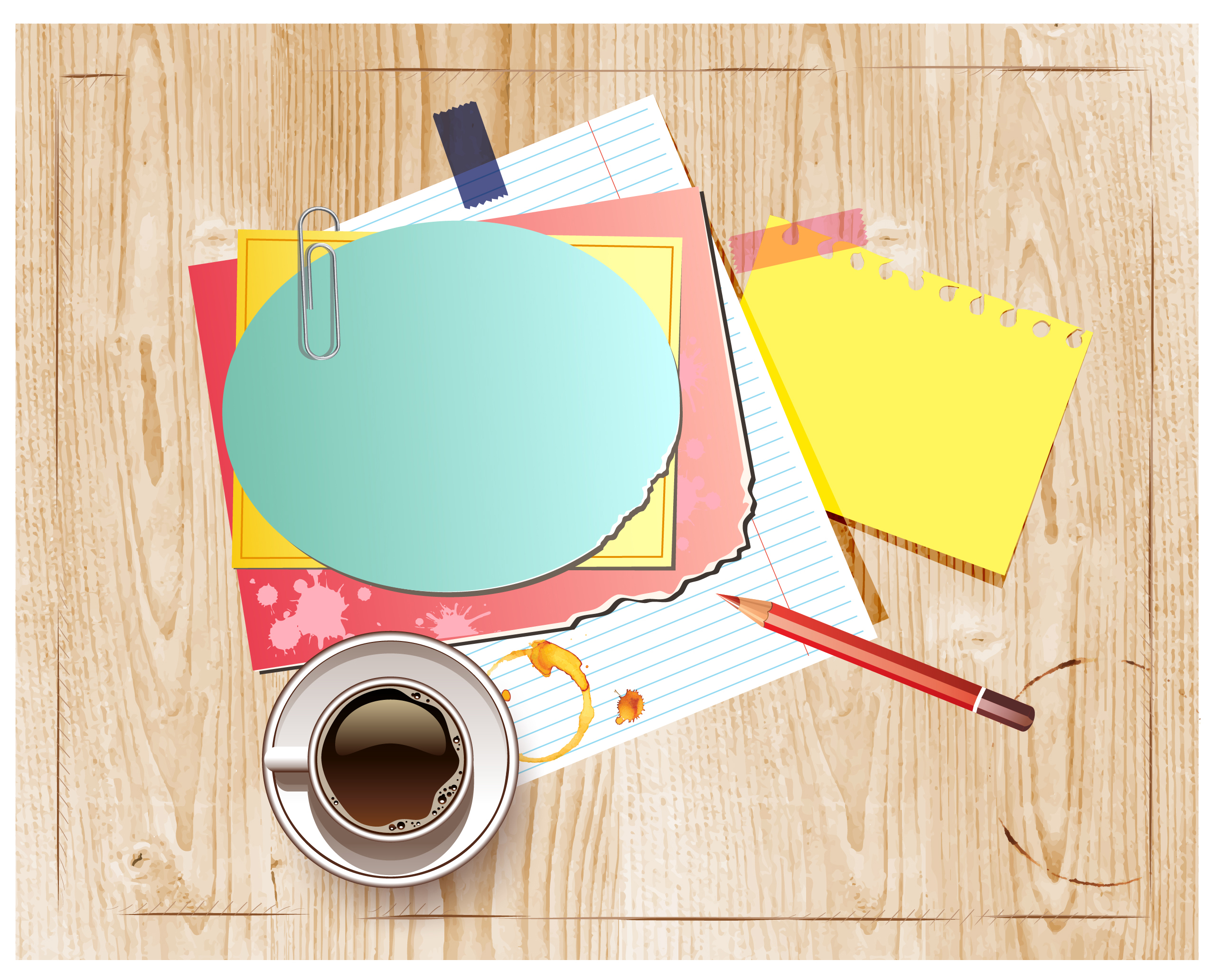 wooden working desk with paper pencil and coffee cup