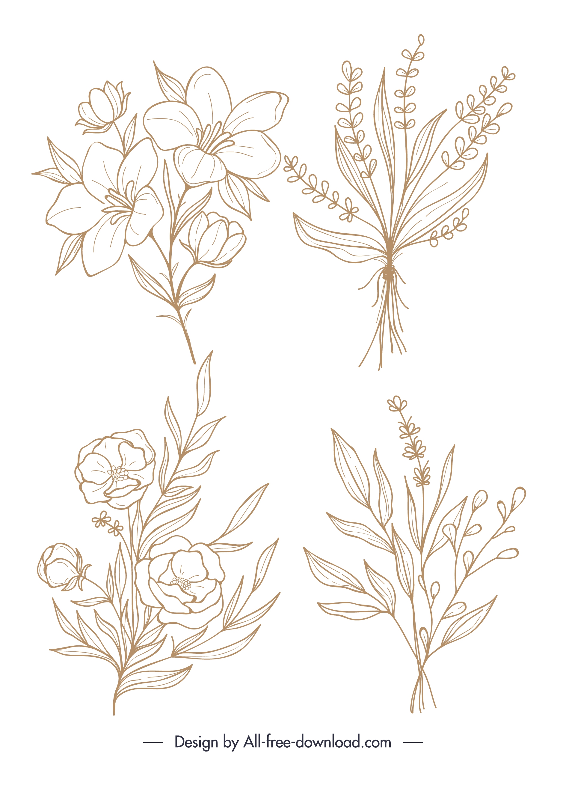 natural flower icons handdrawn sketch classic design