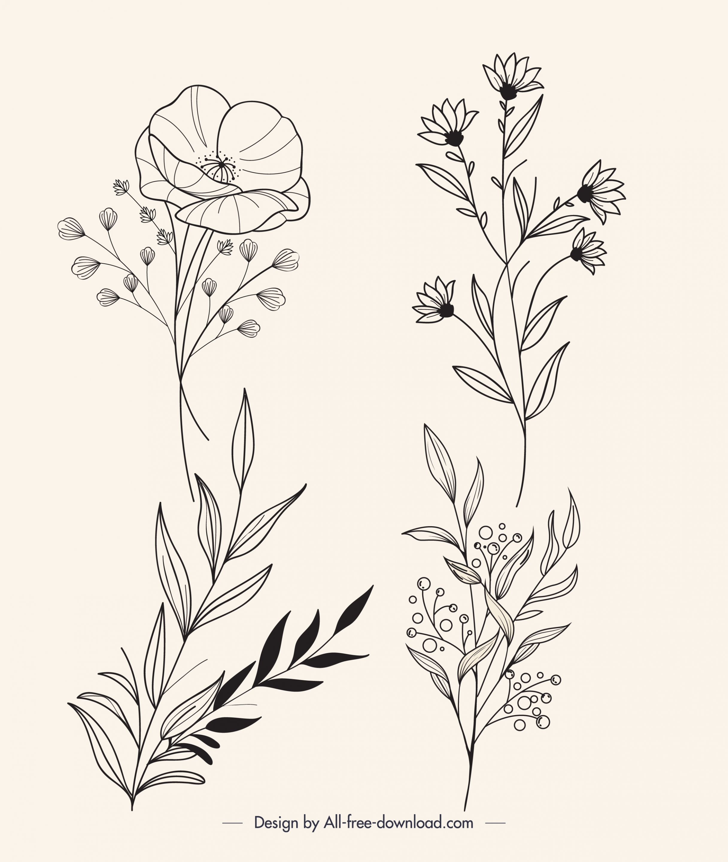 botanical leaves plants icons handdrawn sketch