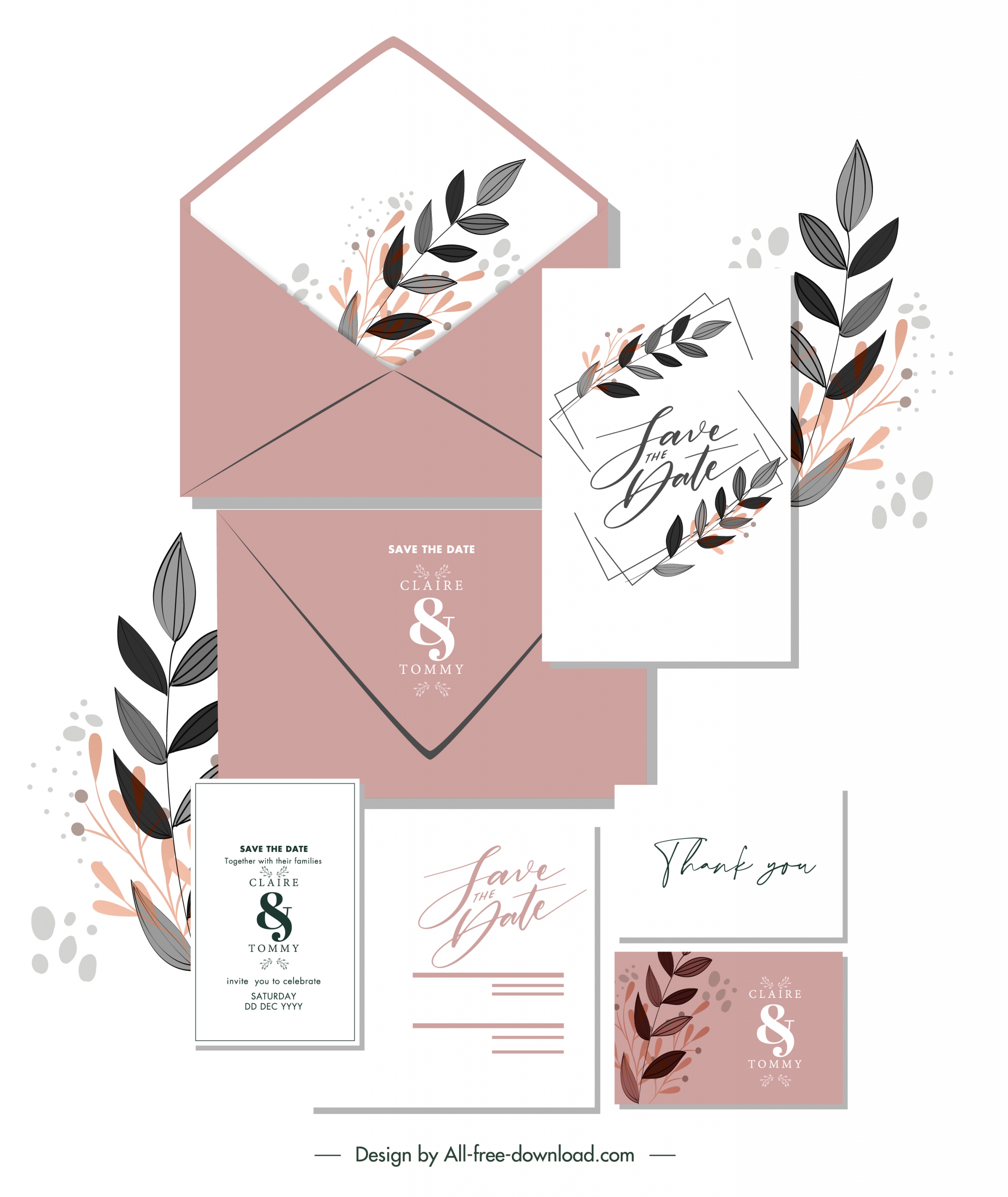 wedding card template elegant classic handdrawn leaves decor