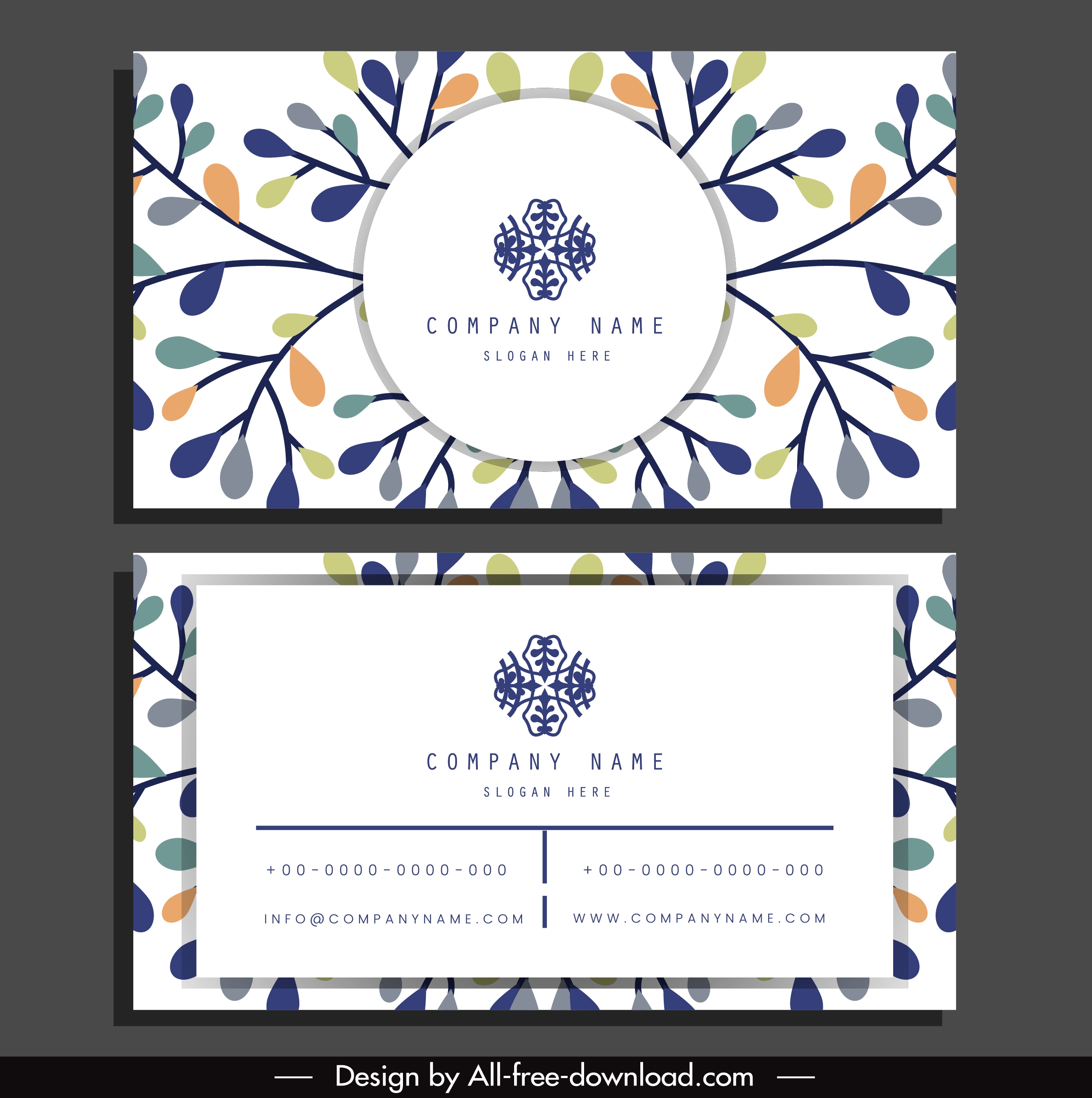 business card template bright colorful flat leaves sketch