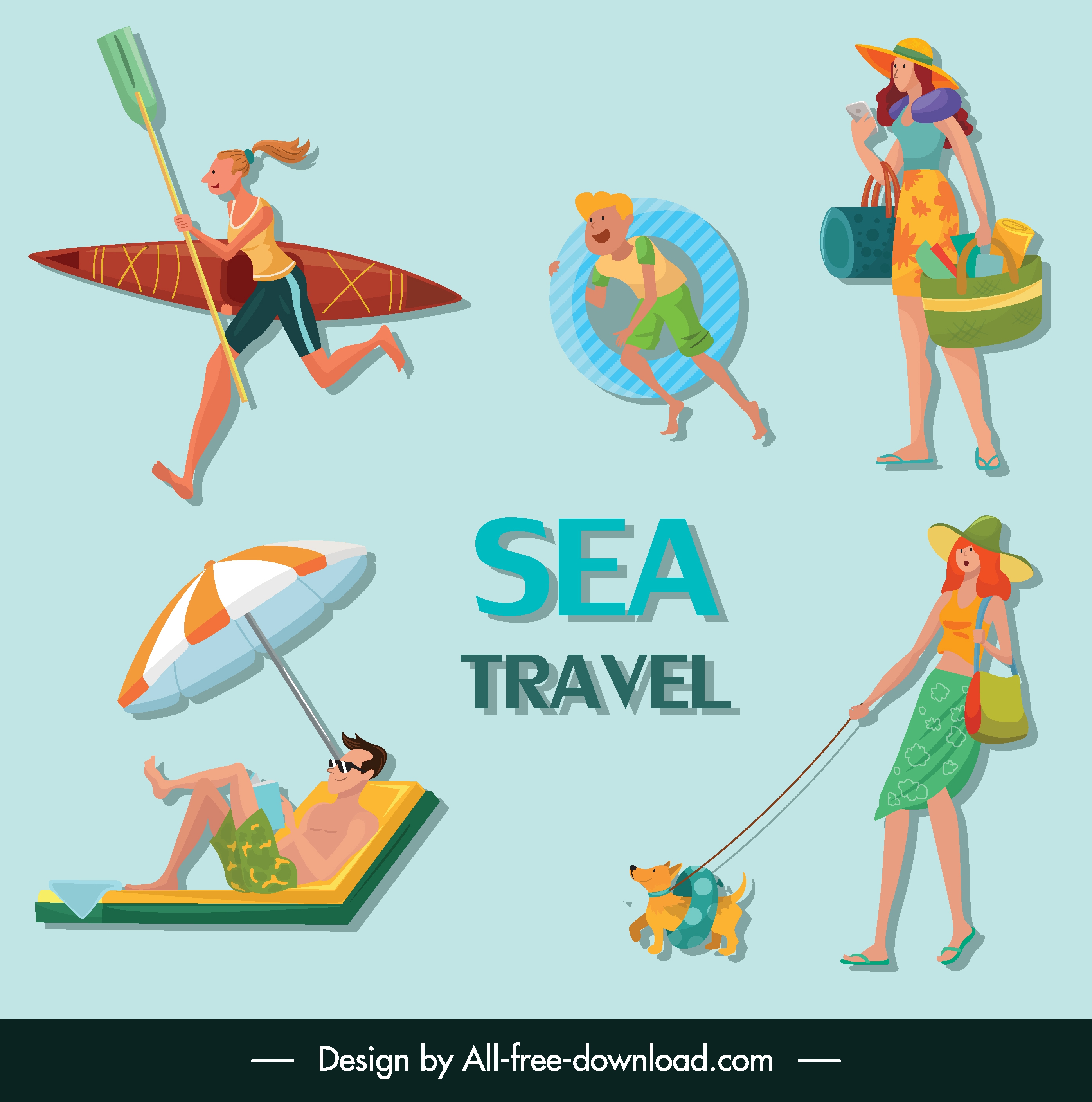 sea travel icons joyful people sketch cartoon characters