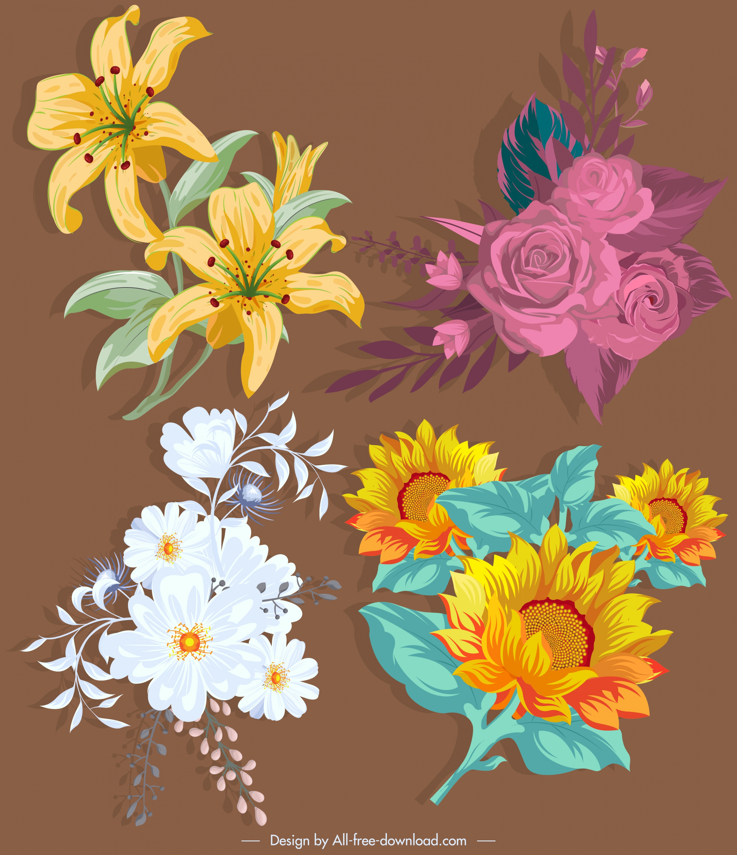 flower icons colored retro design