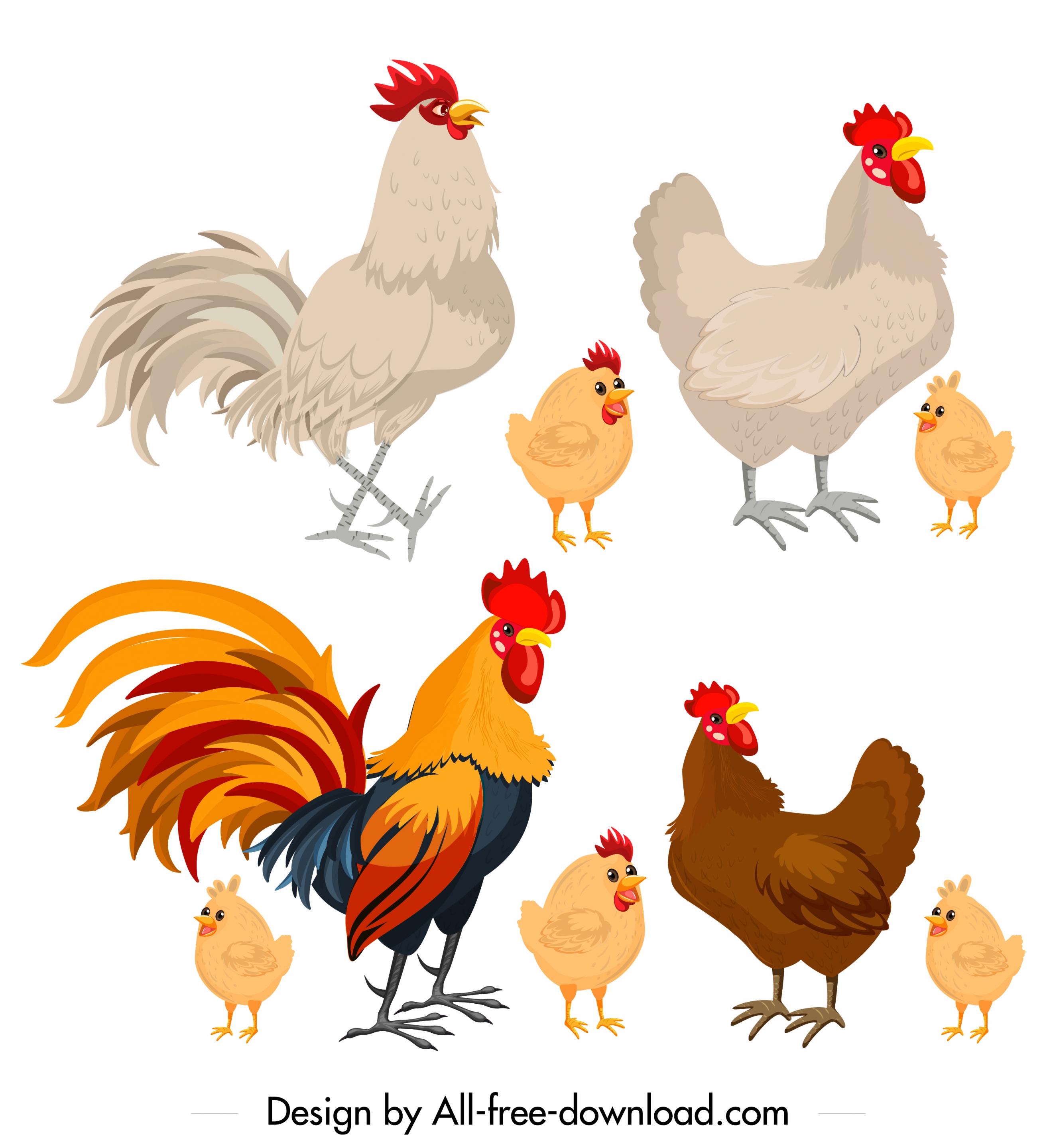 chicken icons colored cartoon design