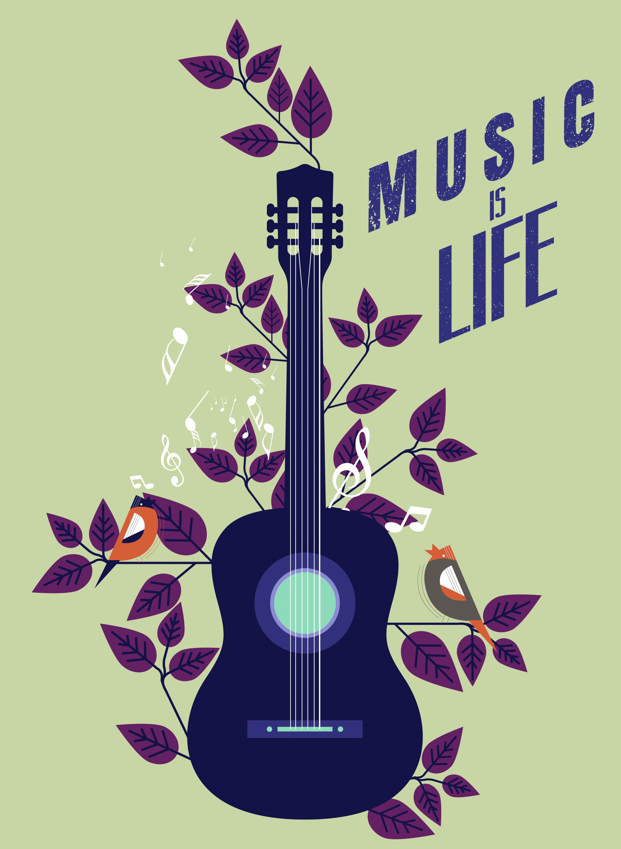 music banner guitar leaves birds icons flat design