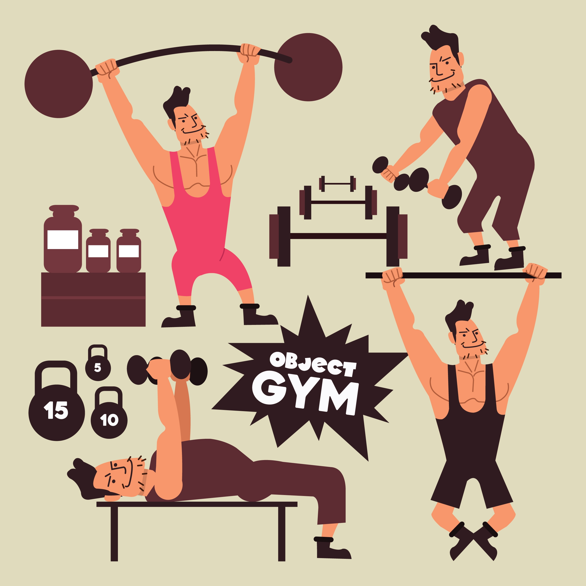 gym design elements athlete weight icons cartoon design