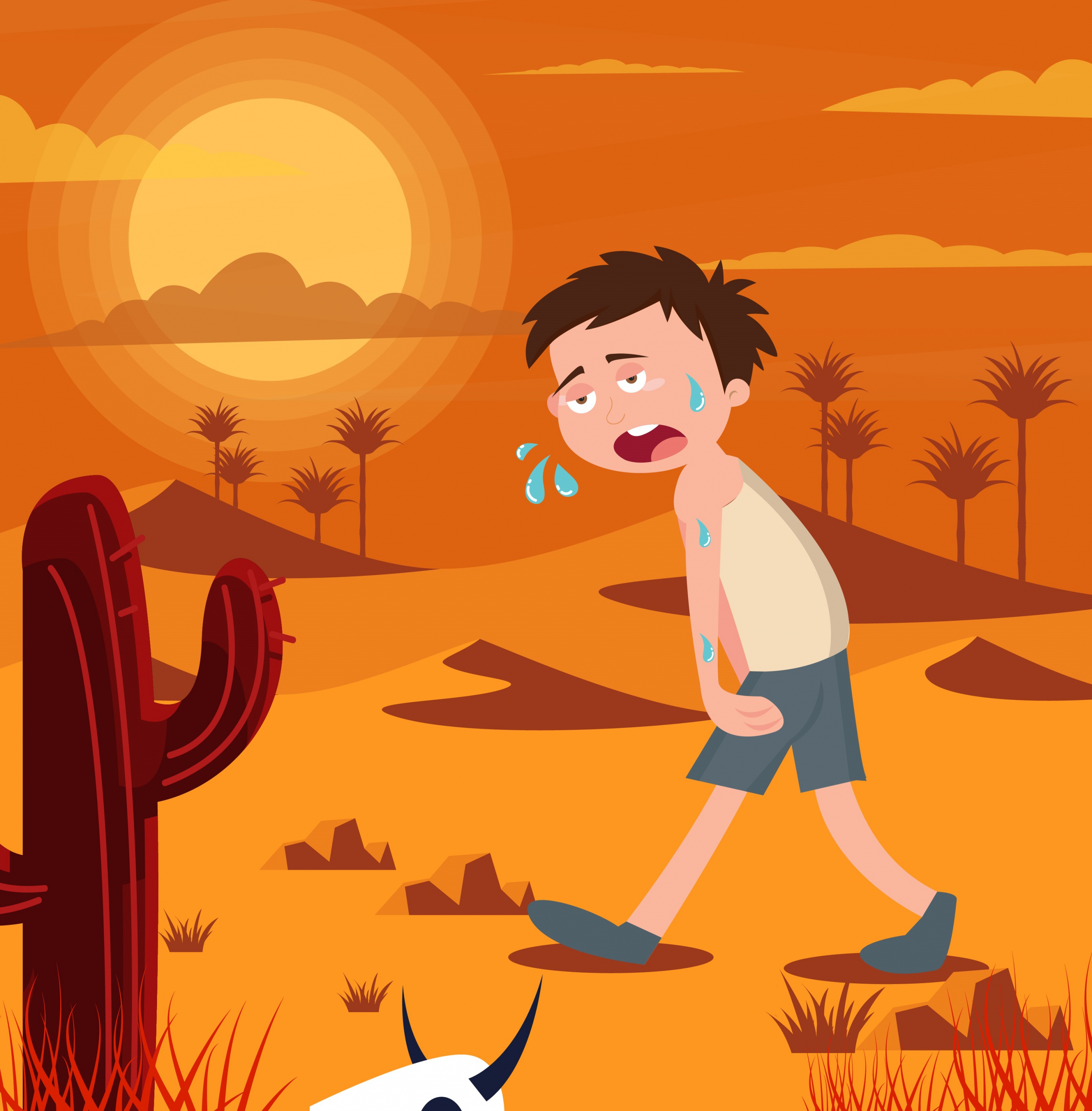 hot weather background tired boy desert icons decor