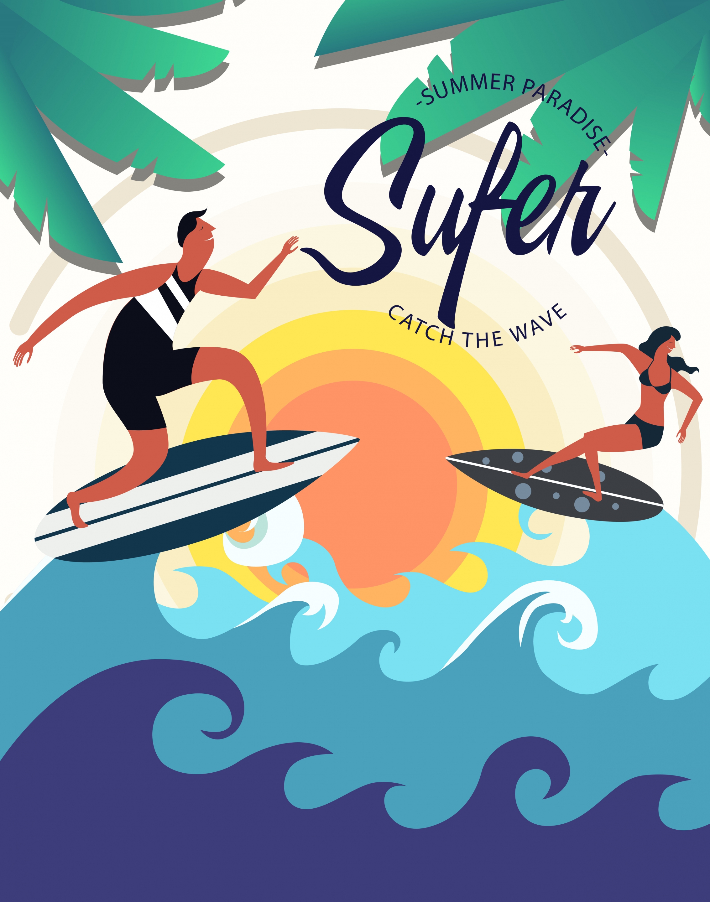 surfing club advertisement surfer waves coconut icons