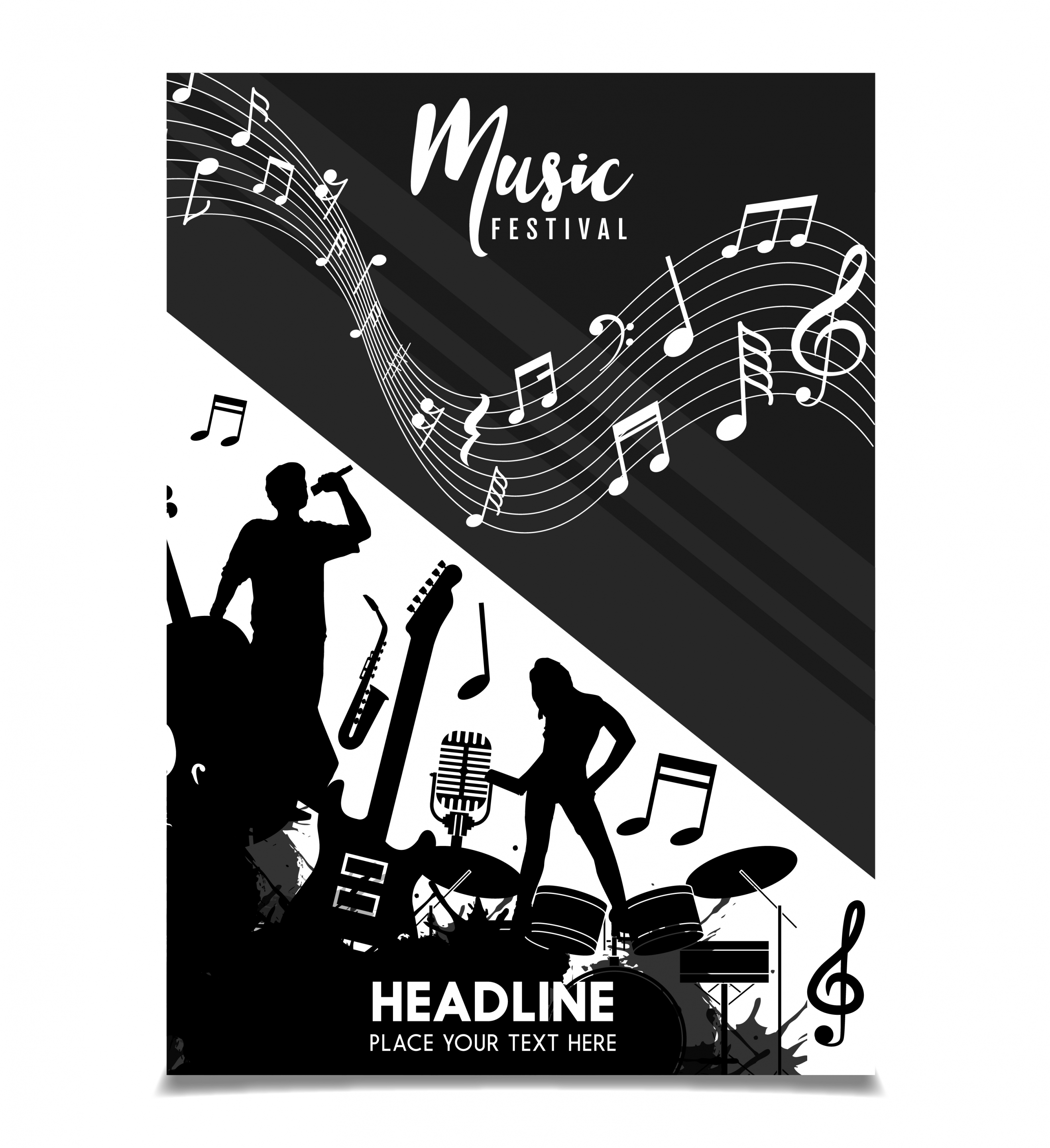 music festival leaflet silhouette design notes decoration