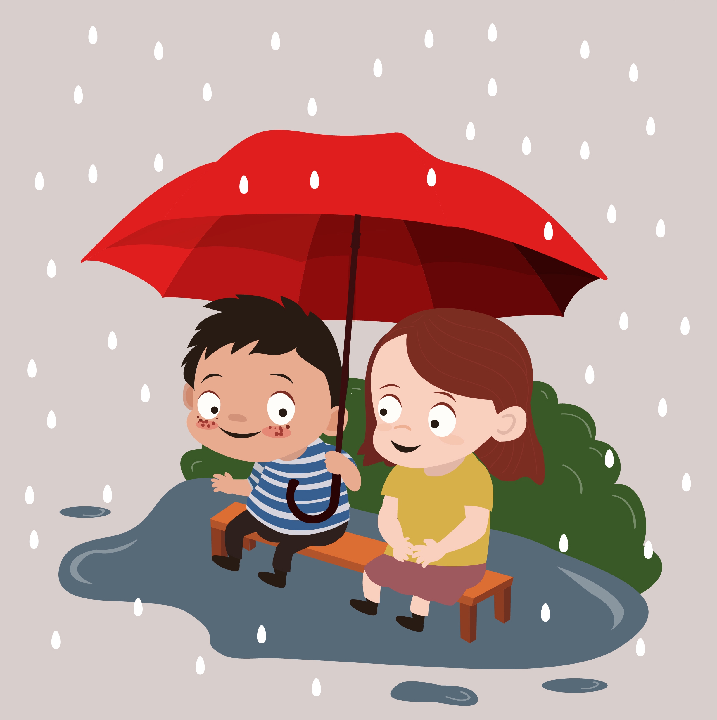 childhood drawing little boy girl rain umbrella icons