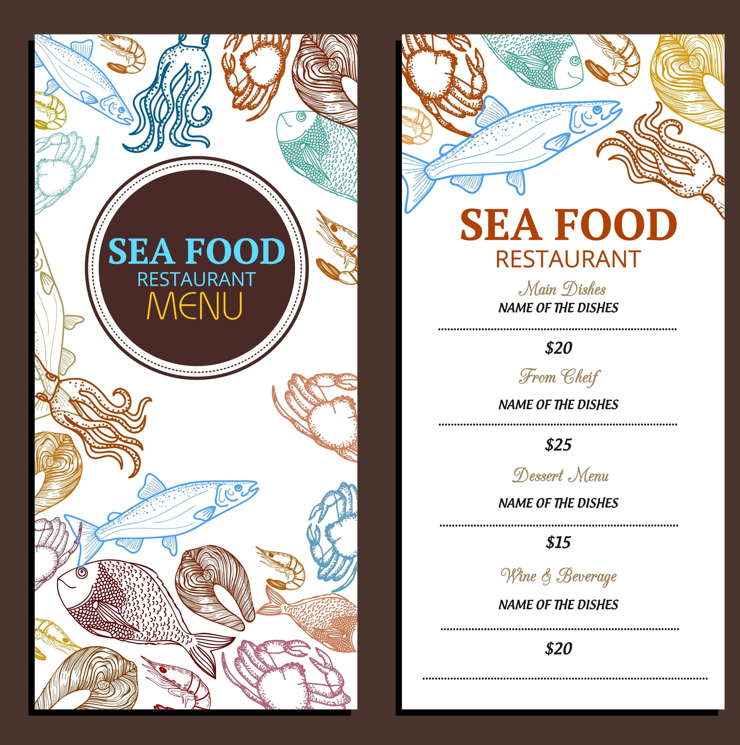 seafood menu template various marine species icons decor