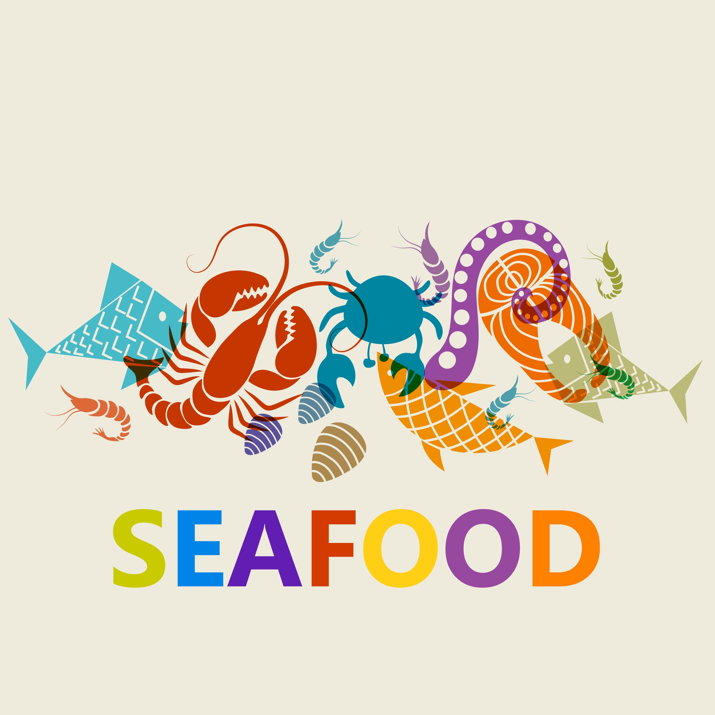 seafood background colorful marine species icons flat sketch