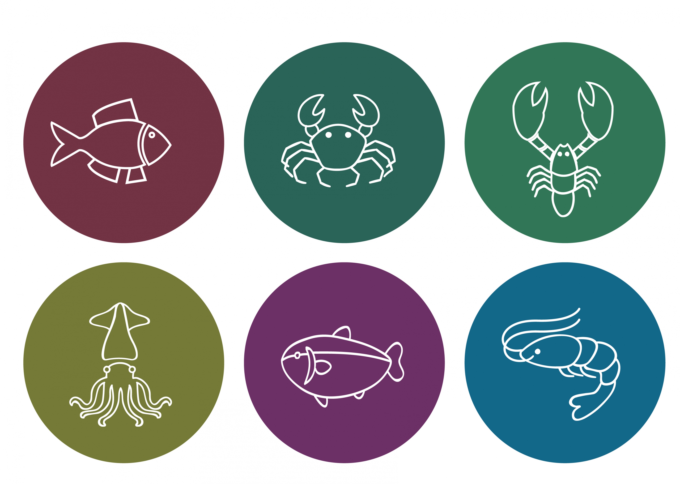 sea food icons outline various white flat isolation