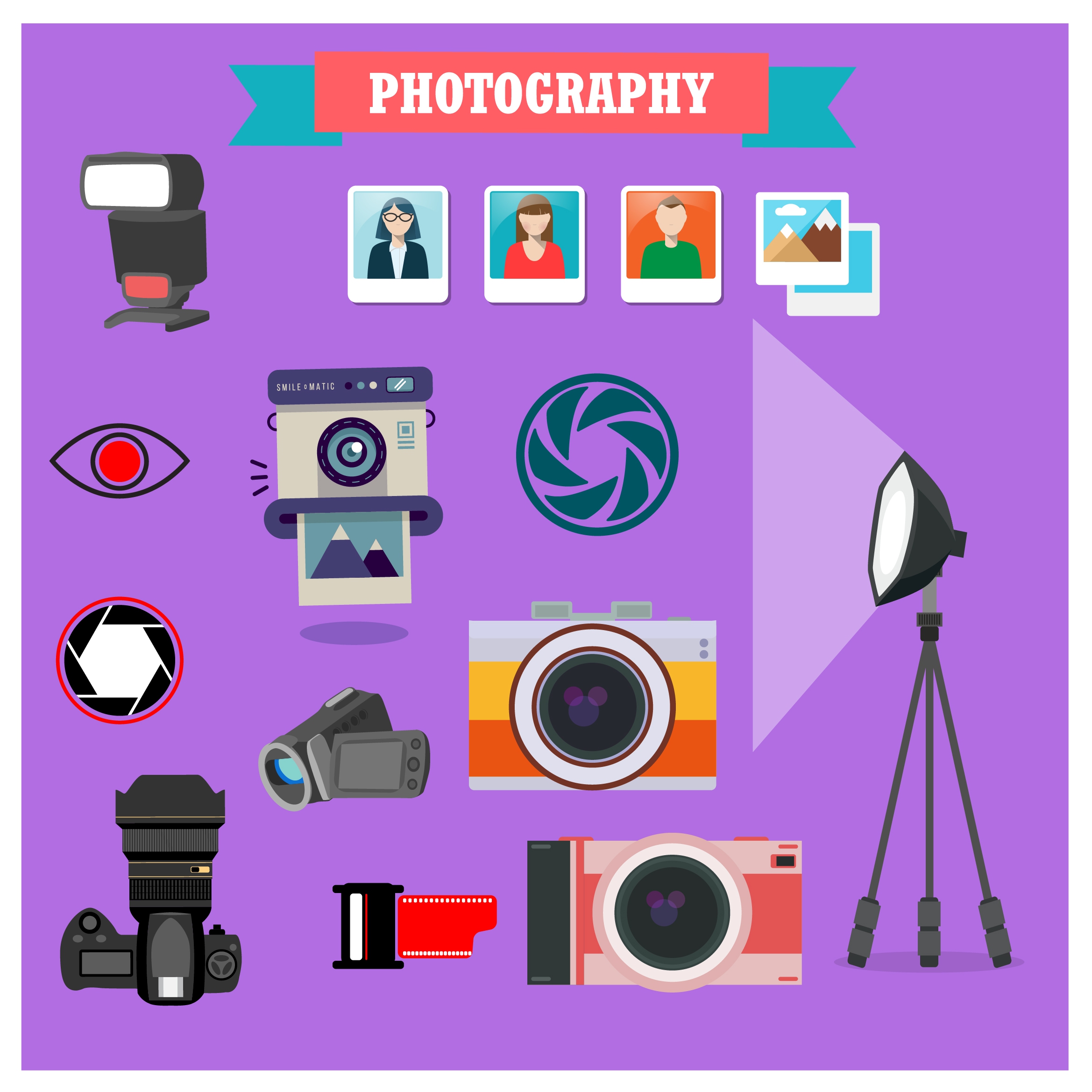 photography icons illustration with various colored symbols