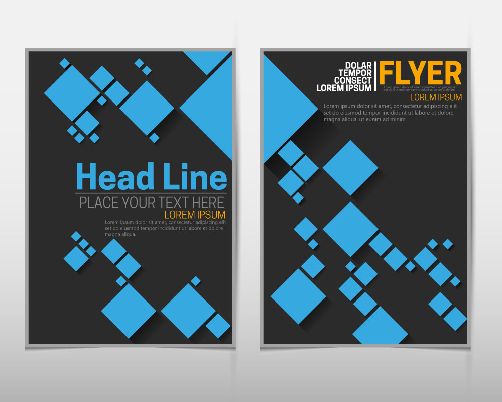 flyer sets with blue squares on dark background