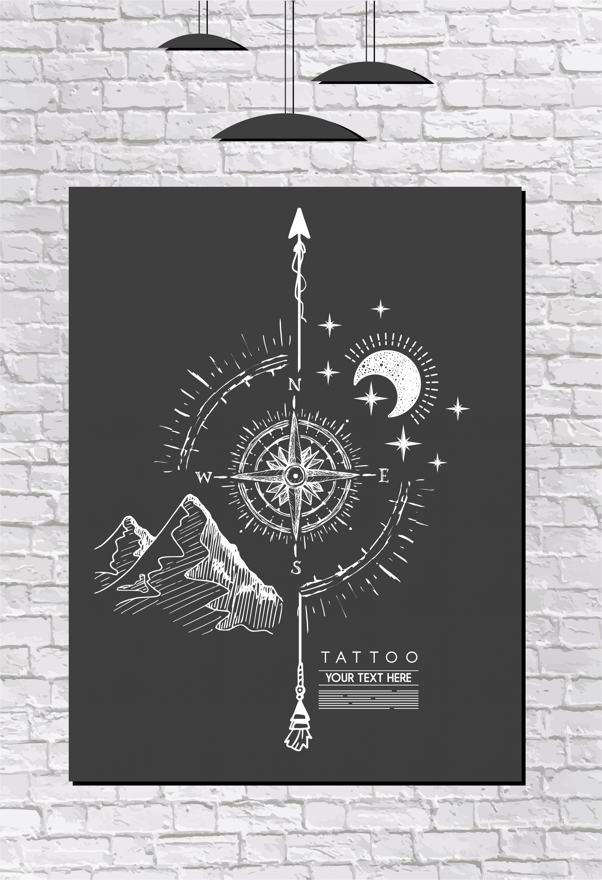 compass painting black white handdrawn retro design