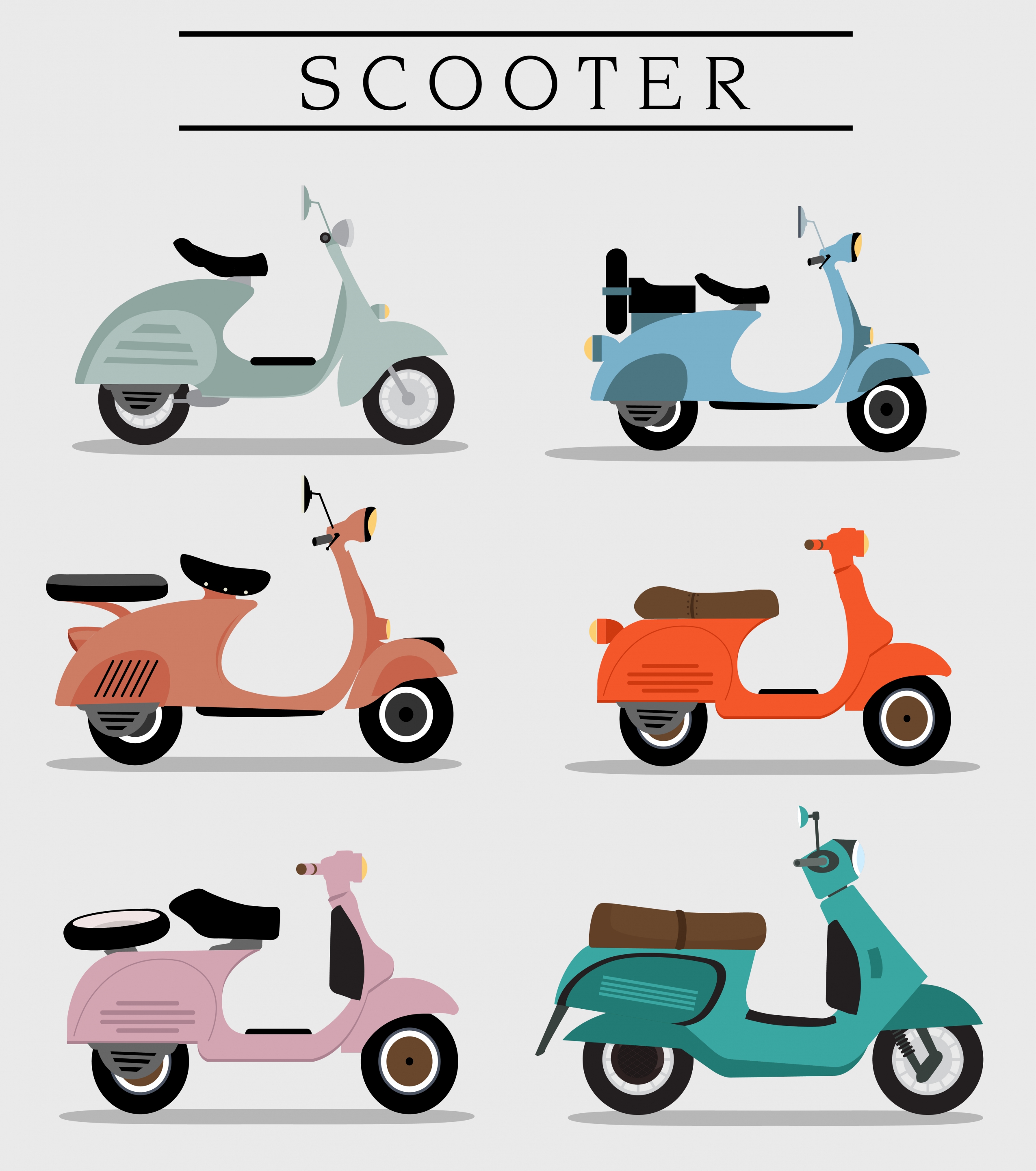 scooter icons collection colored retro design