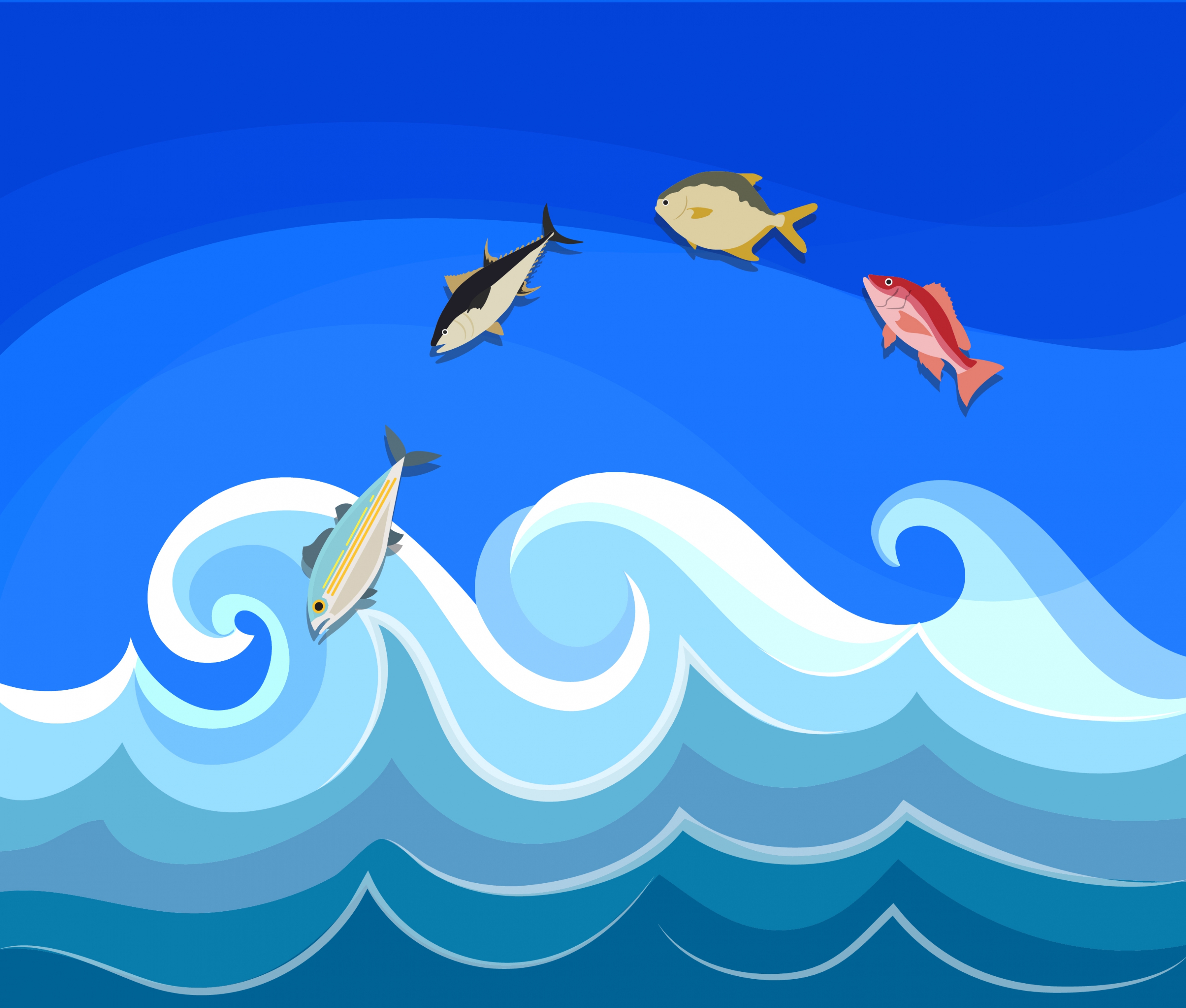 wavy beach background fishes icons curves design