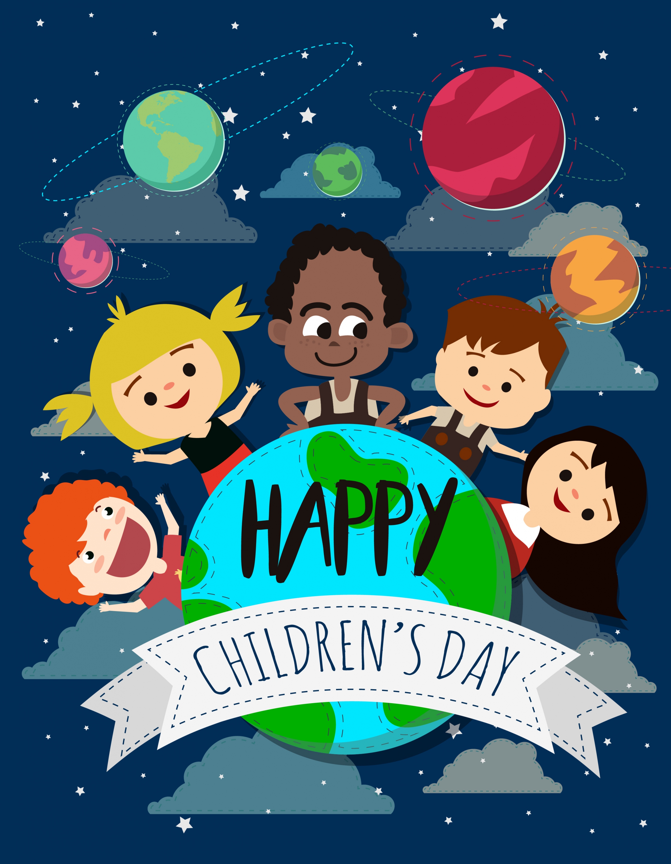 children day banner kids planets globe icons decoration