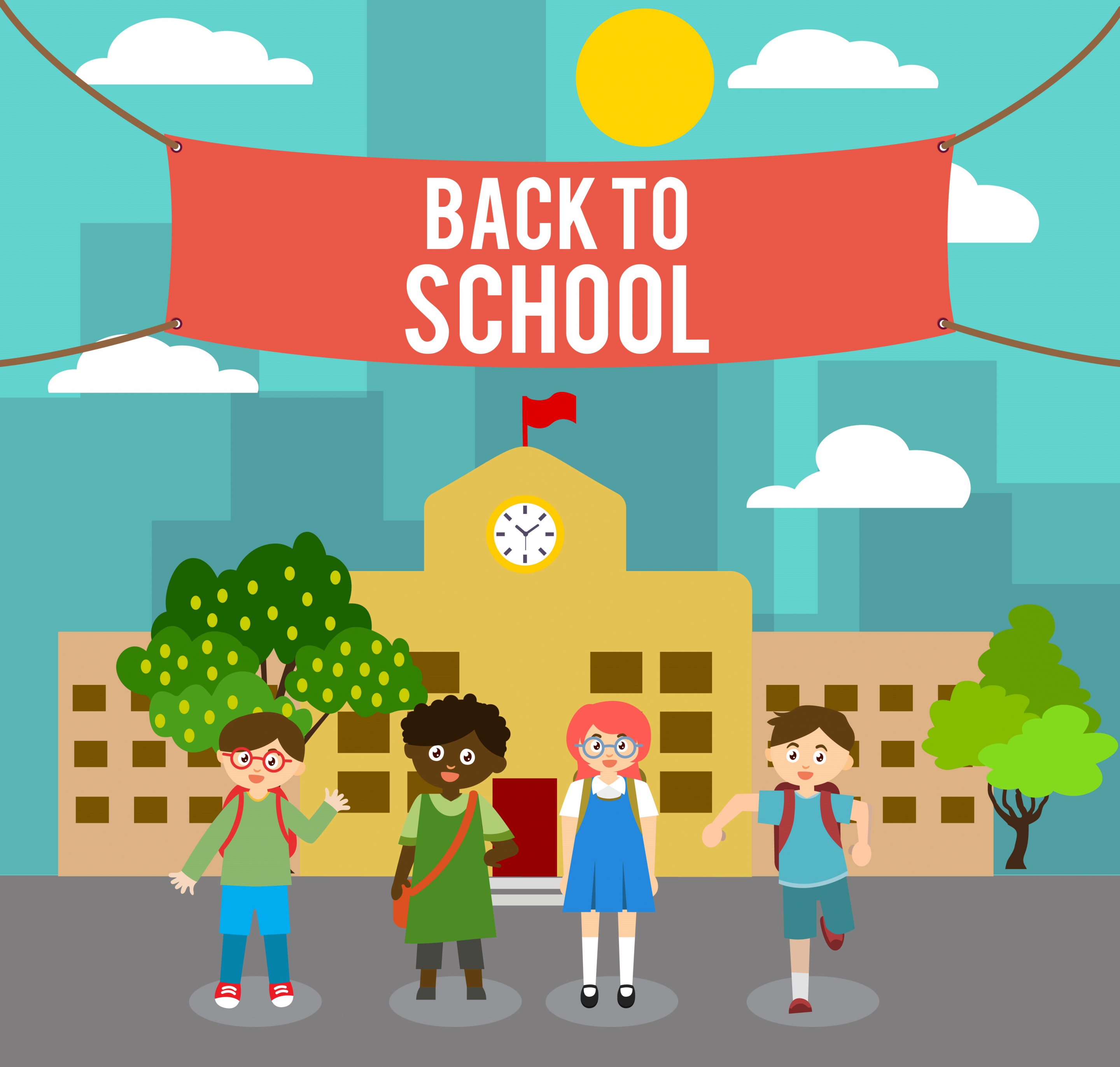 back to school banner pupil icons colored cartoon