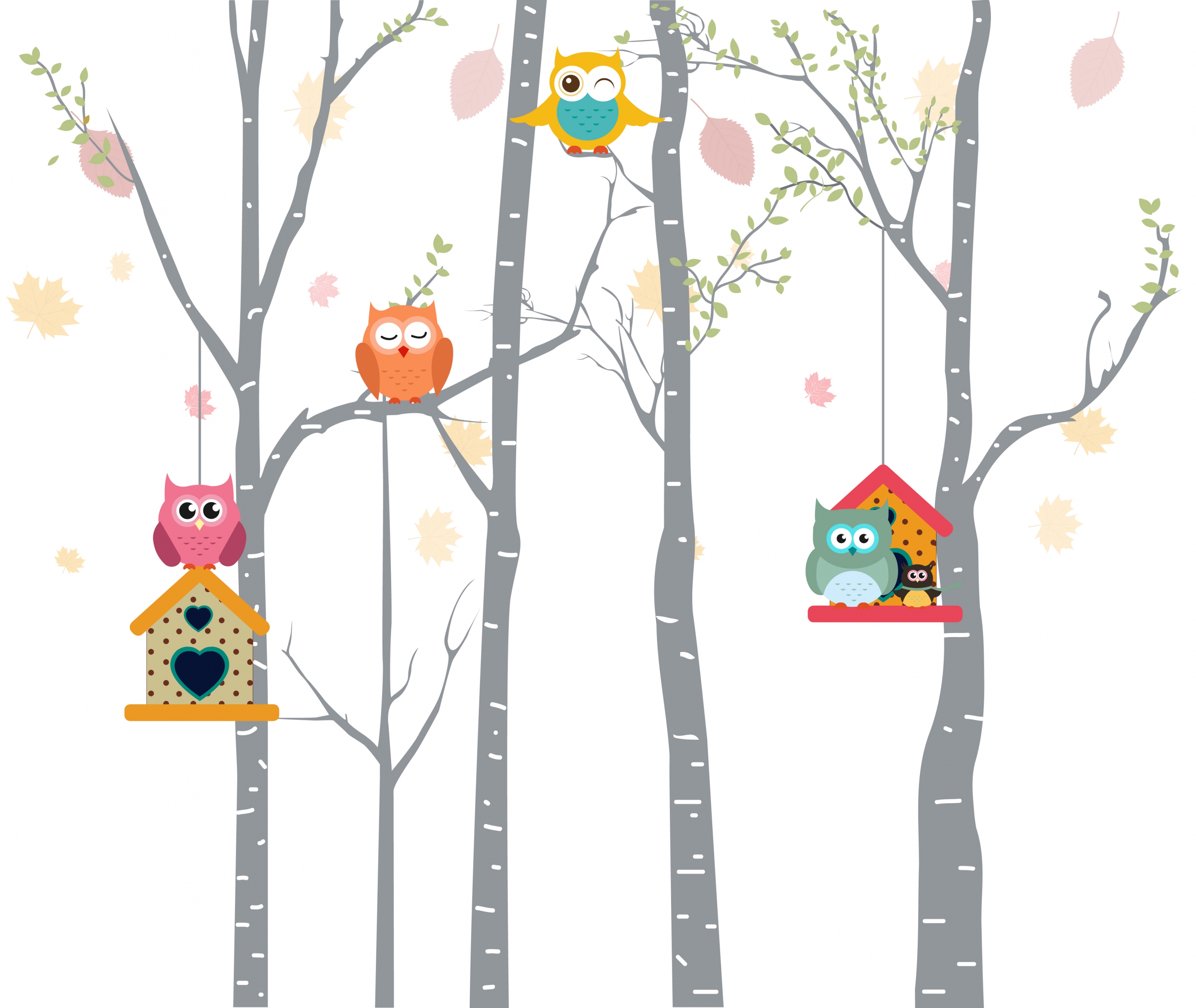 owls background colorful cartoon decoration bird nest icons