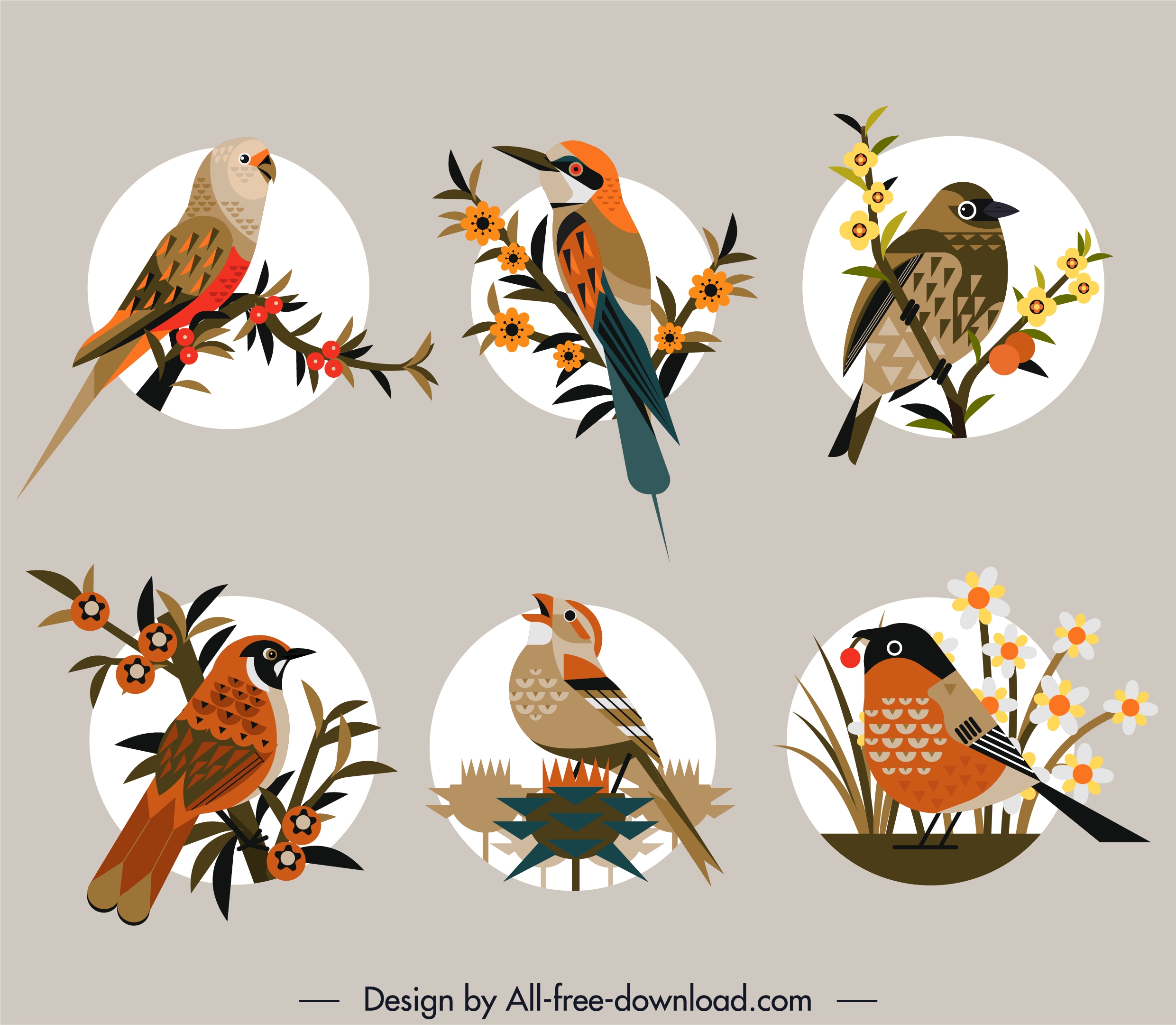 birds species icons colorful flat retro perching sketch