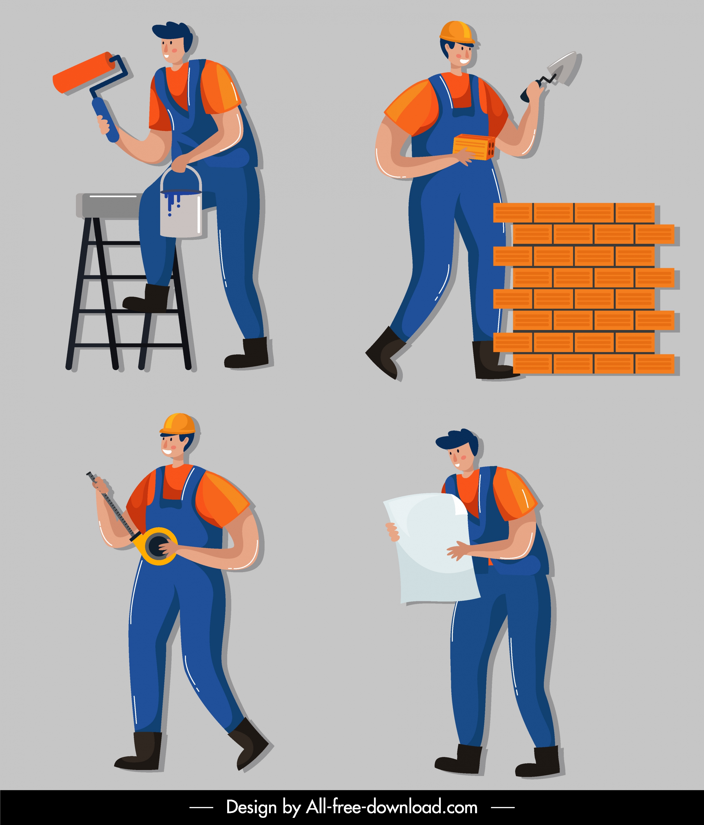 construction worker icons colored cartoon characters sketch