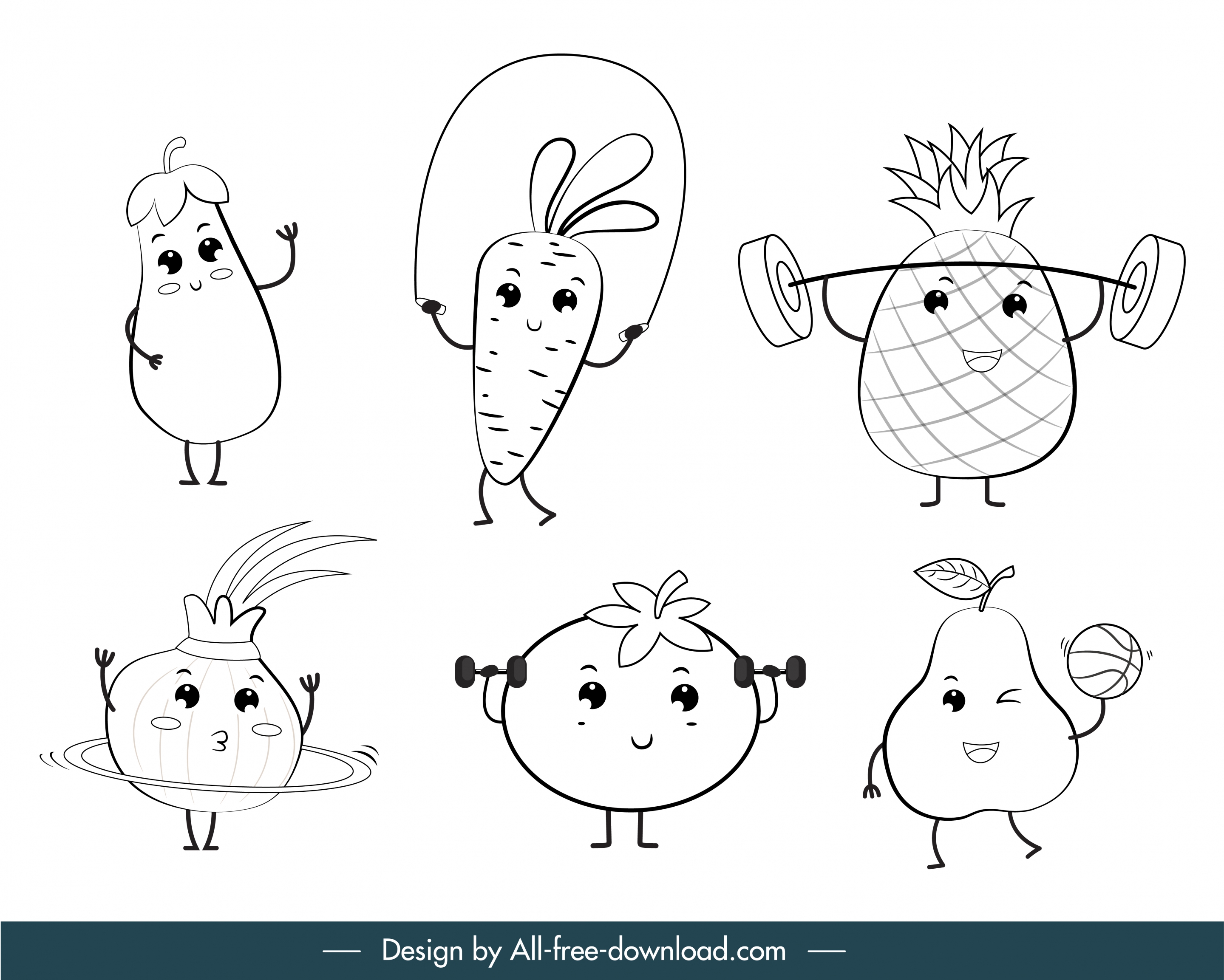 fruits icons sporty stylized sketch black white handdrawn