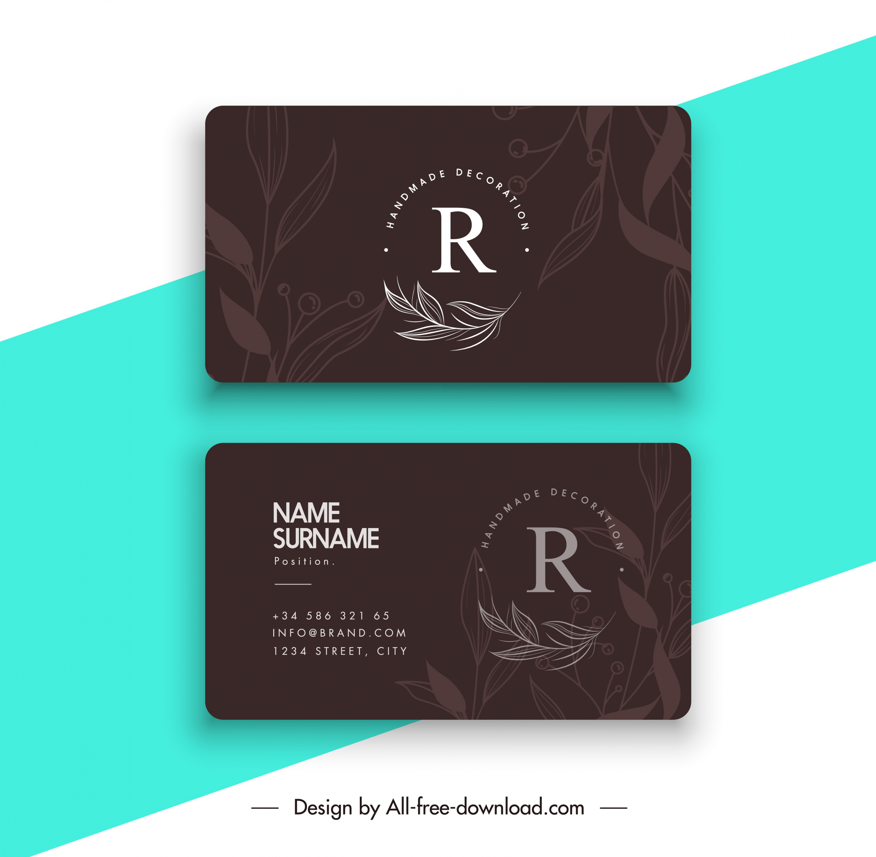 business card template dark black handdrawn leaves decor