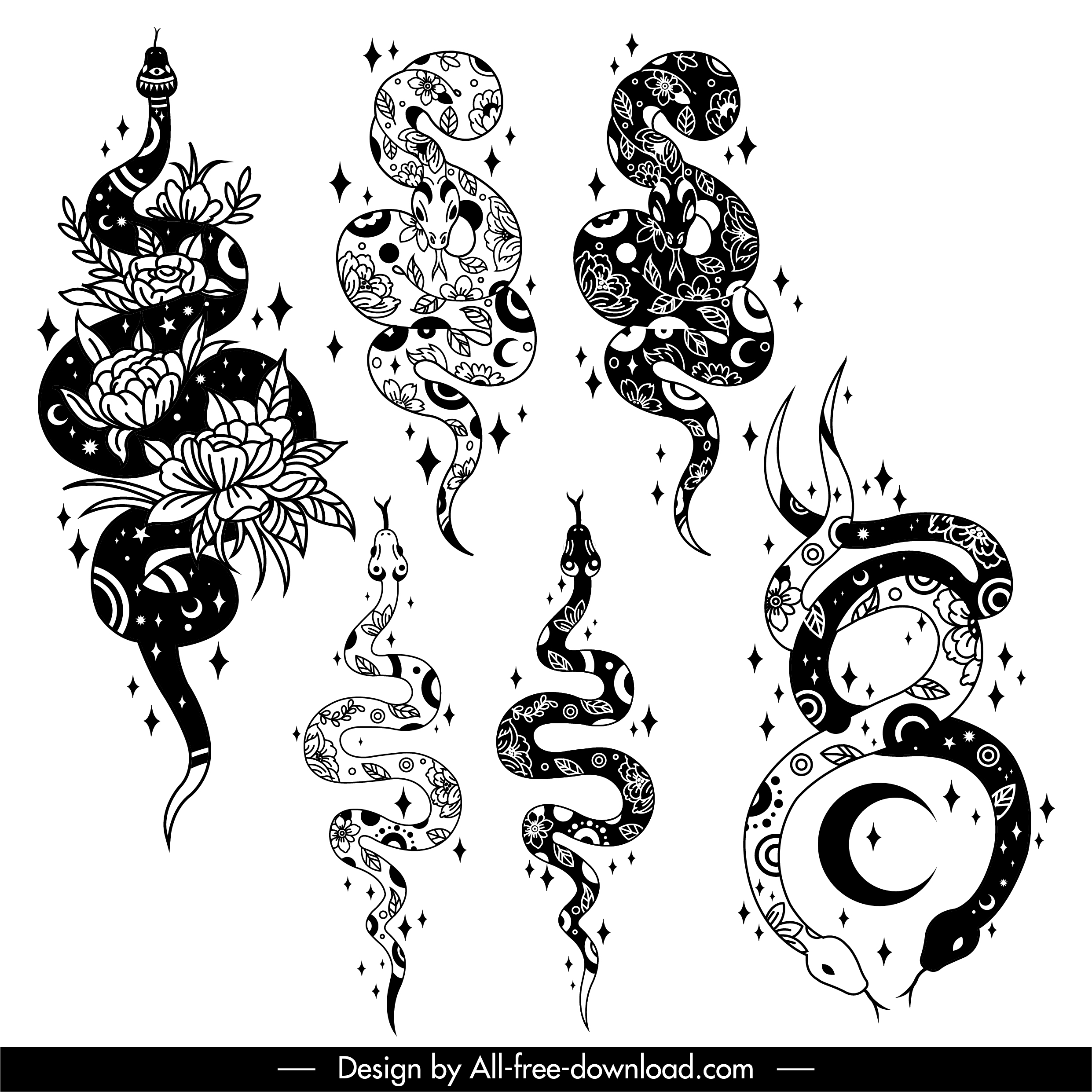 tattoo snakes icons flat classical sketch