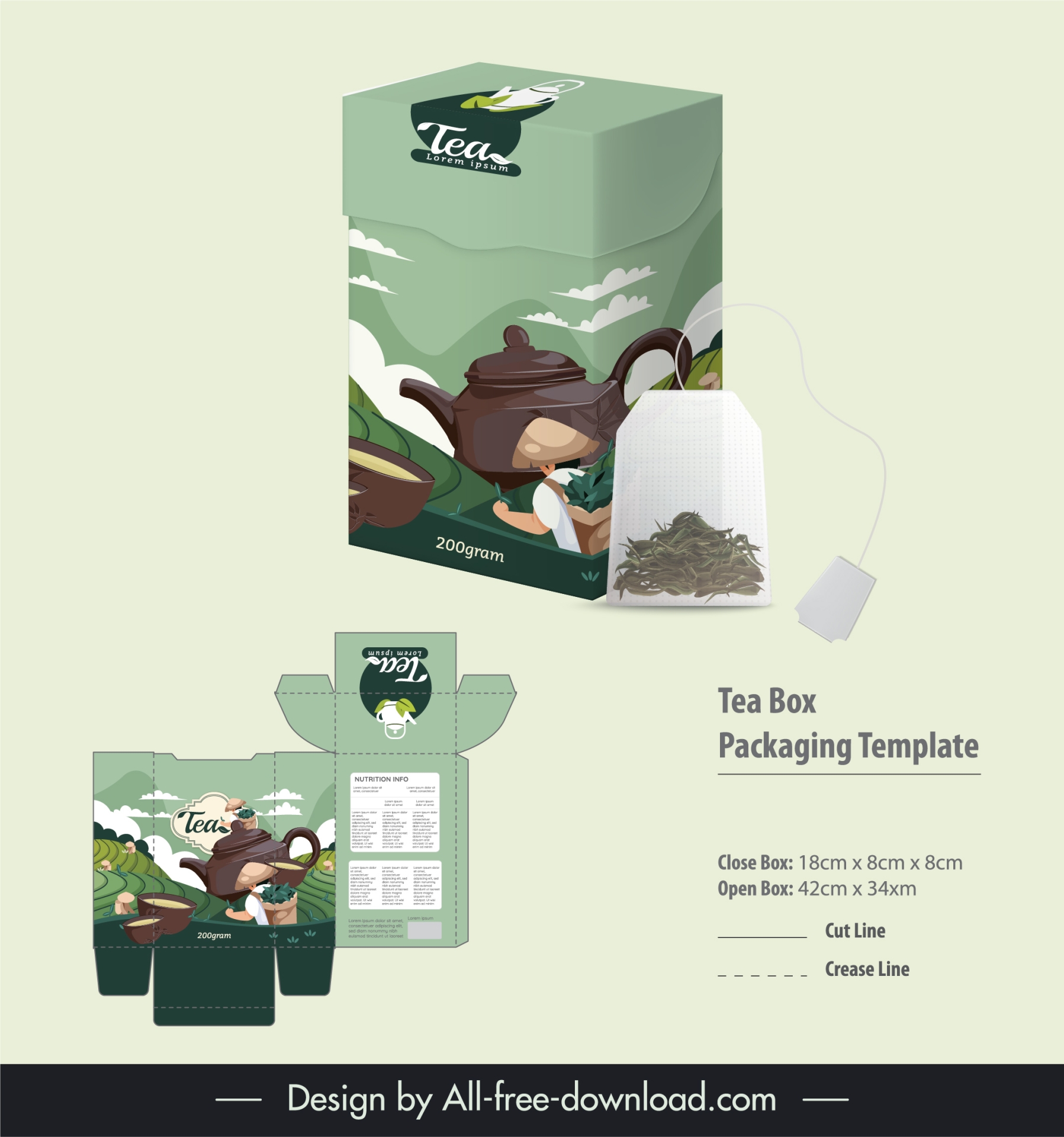 tea box packaging template classical teapot field scene