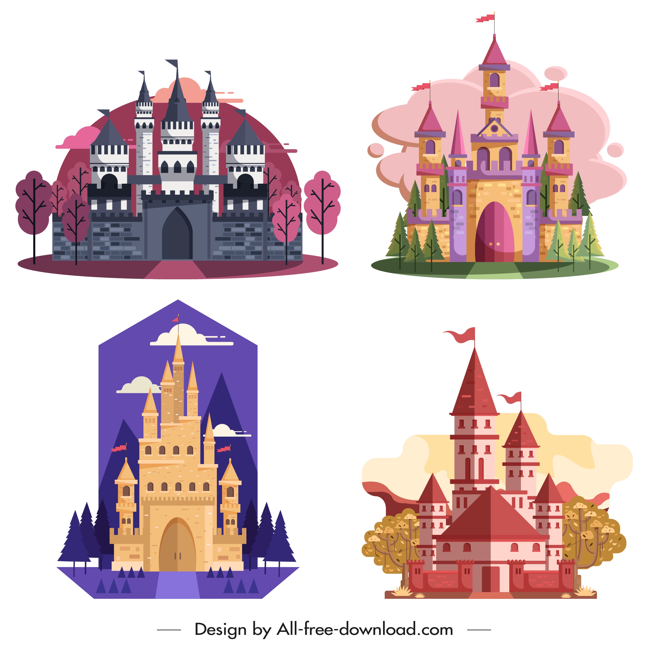 castle icons templates flat vintage design colorful ornament