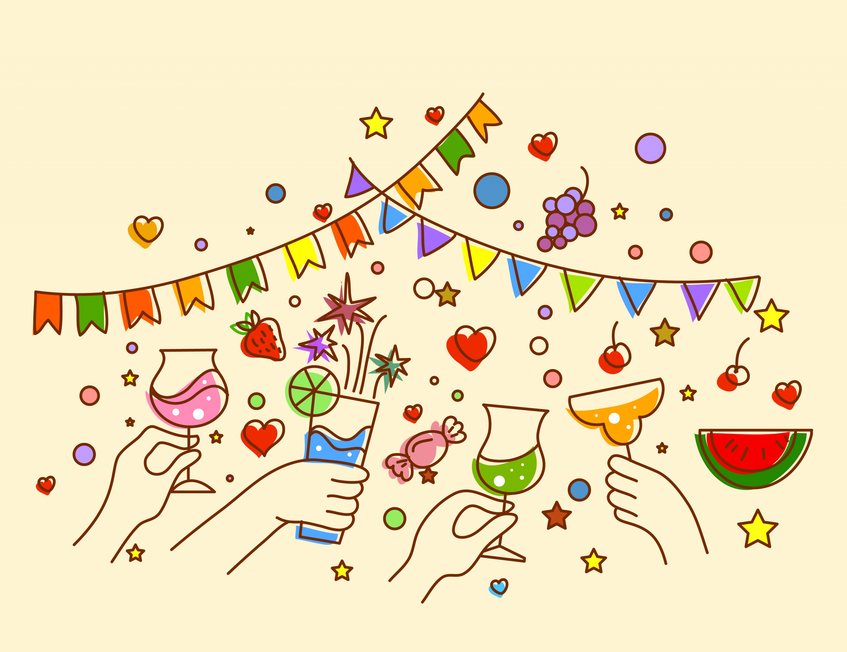 party background cheering hands glasses ribbon handdrawn design