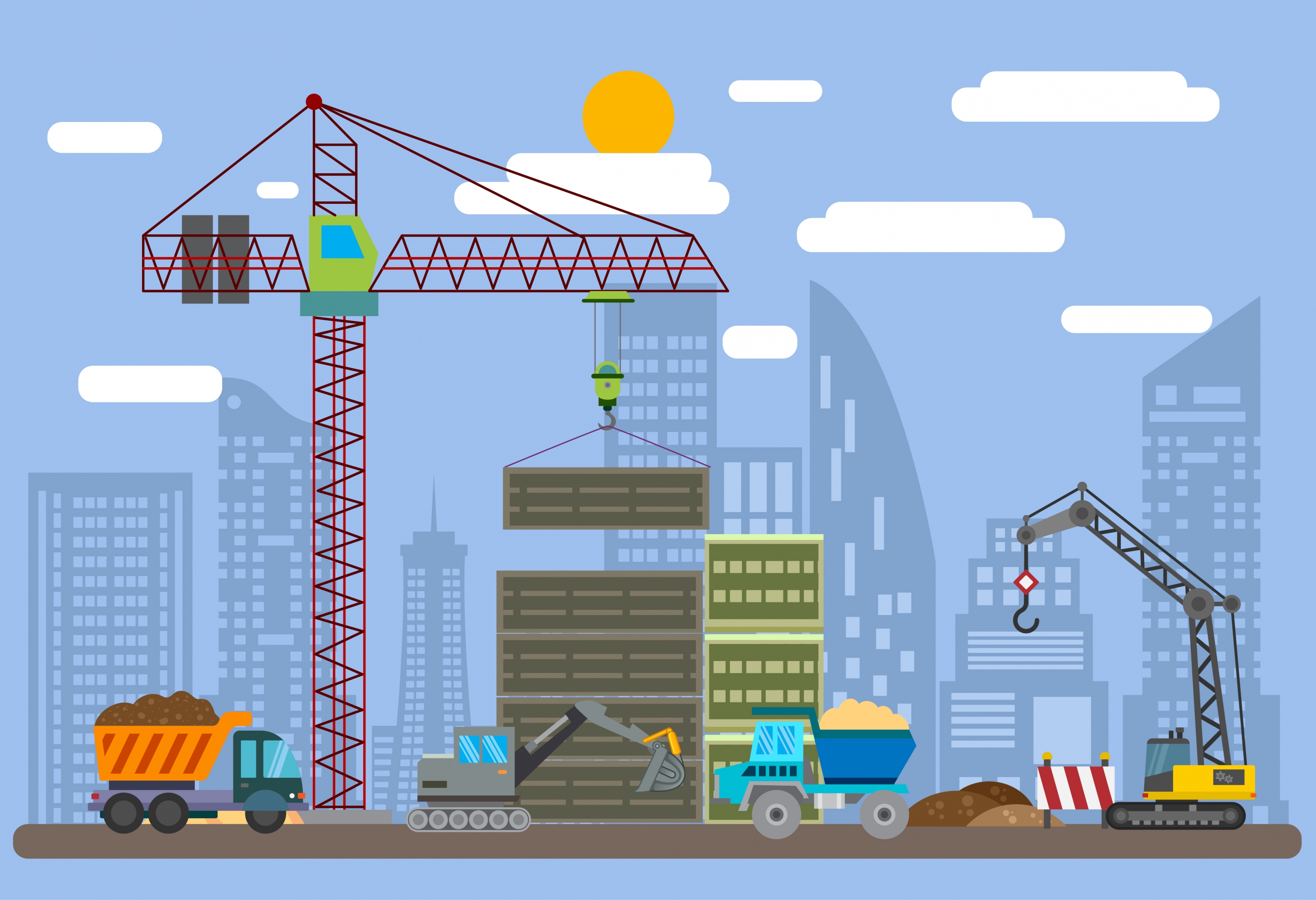 construction site drawing crane vehicles building icons