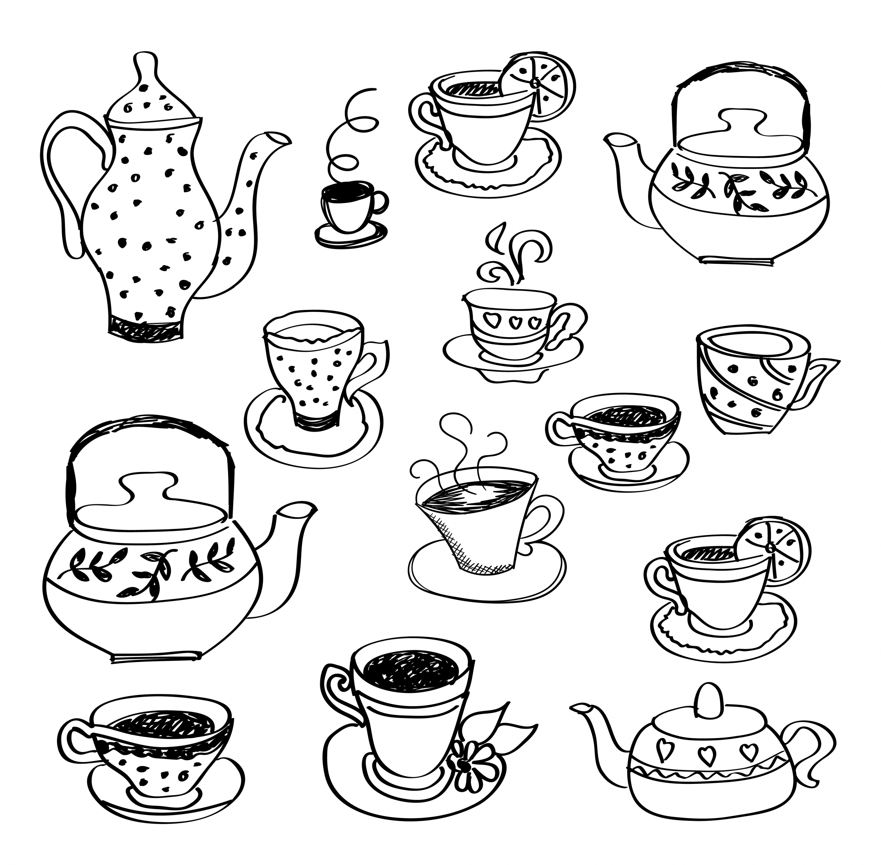 tea cup pot icons black white handdrawn sketch