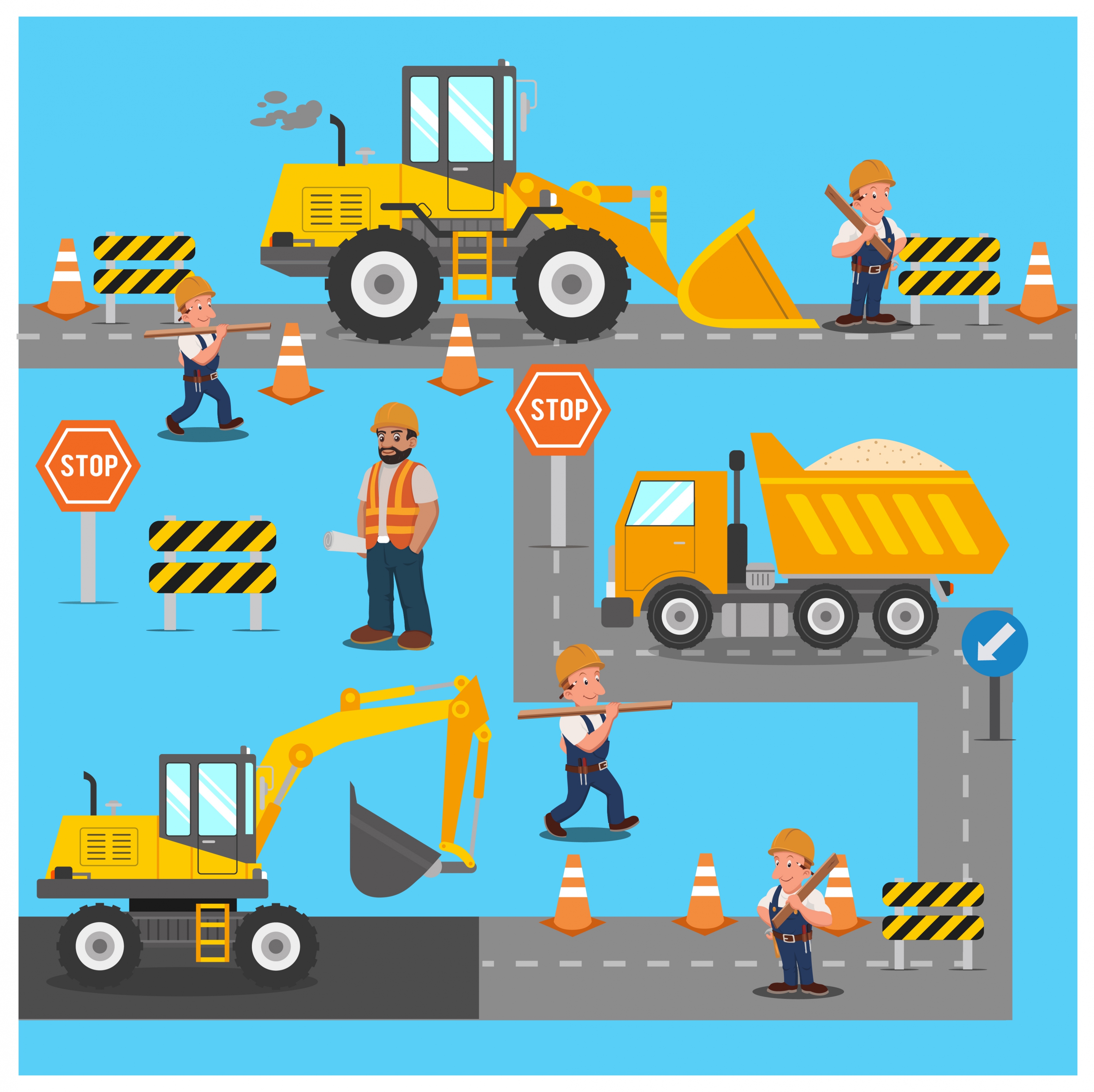 construction site work illustration with machine and workers