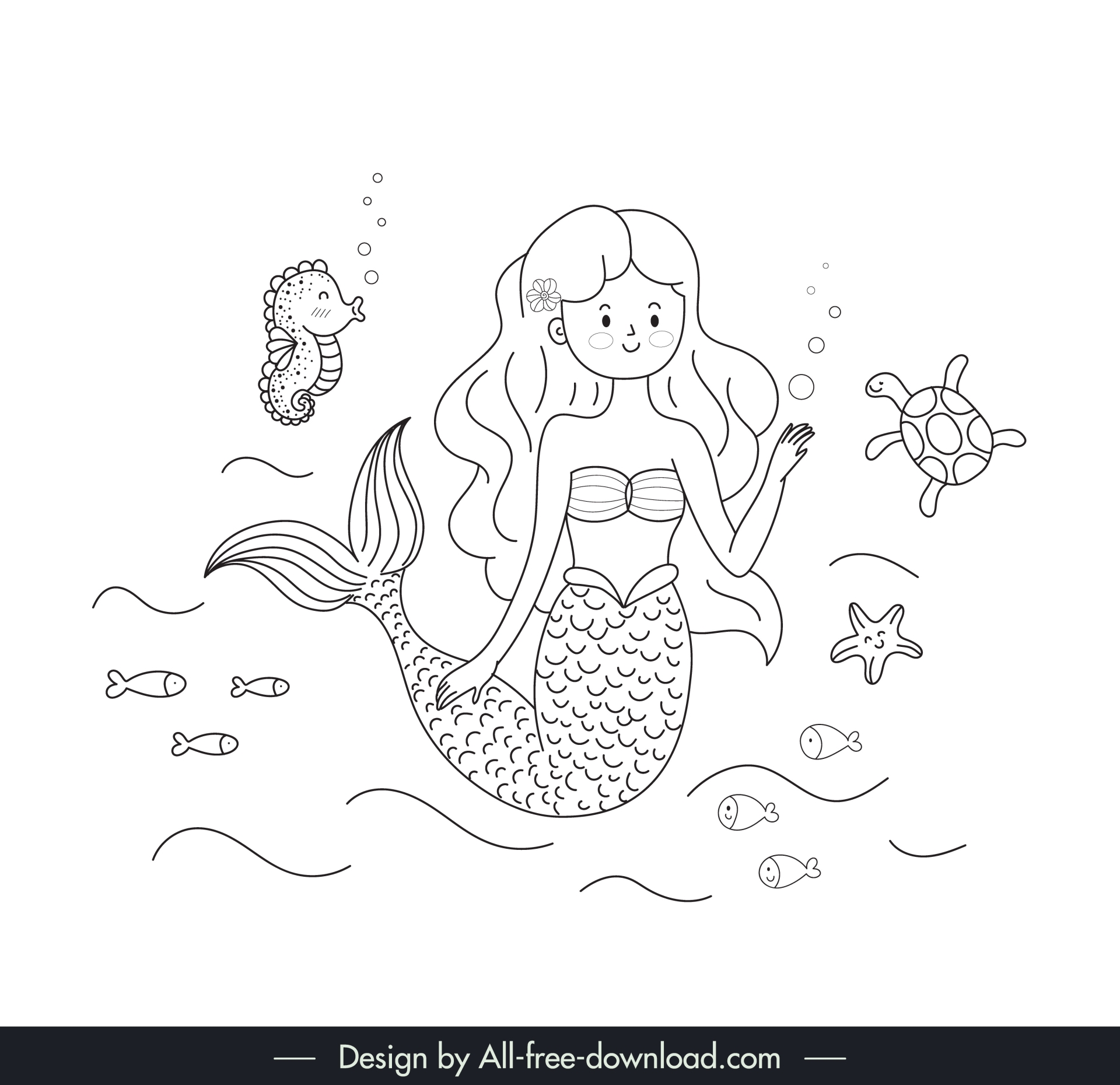 fairy tale mermaid design elements cute black white handdrawn