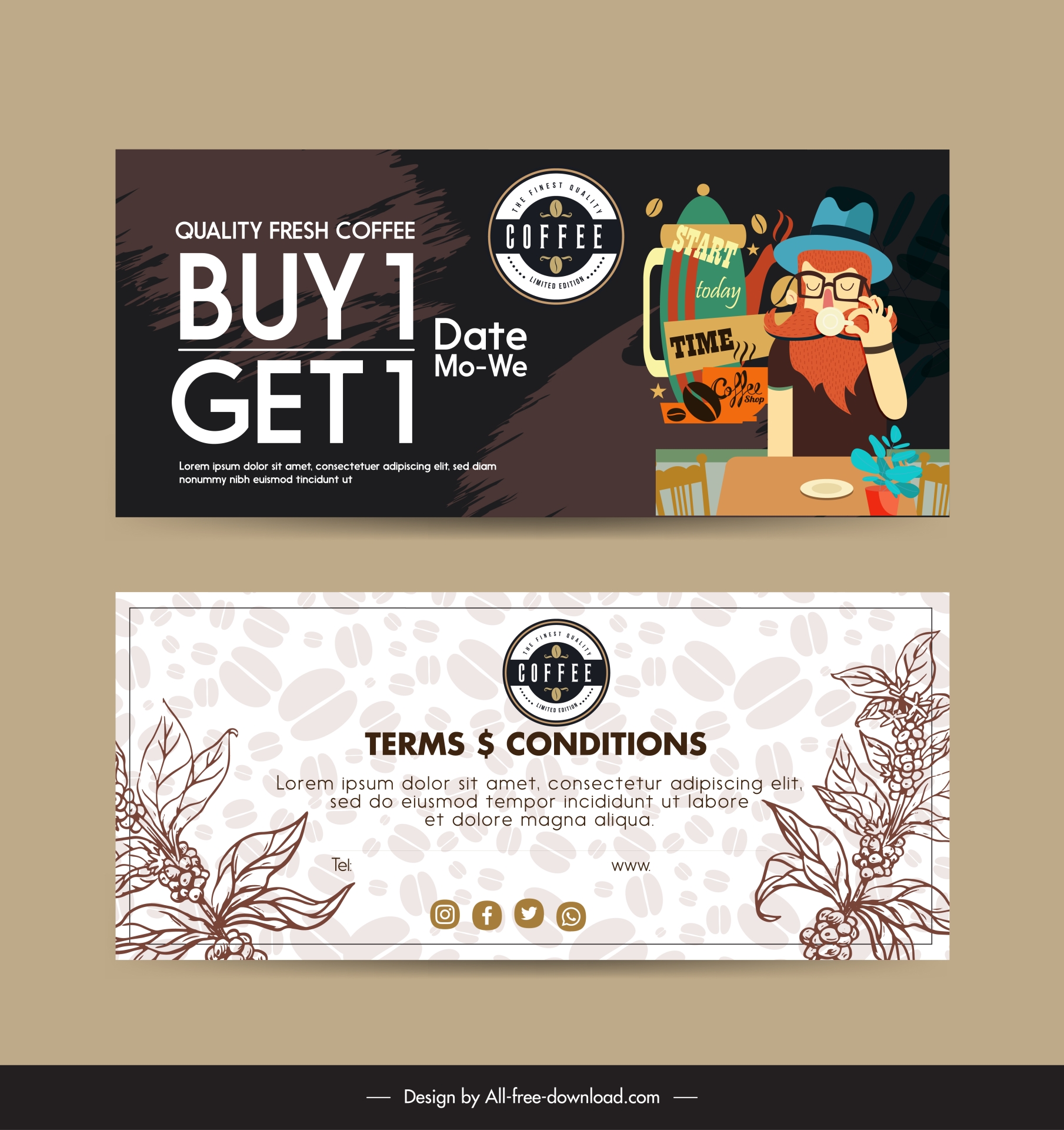 coffee voucher templates classical handdrawn cartoon