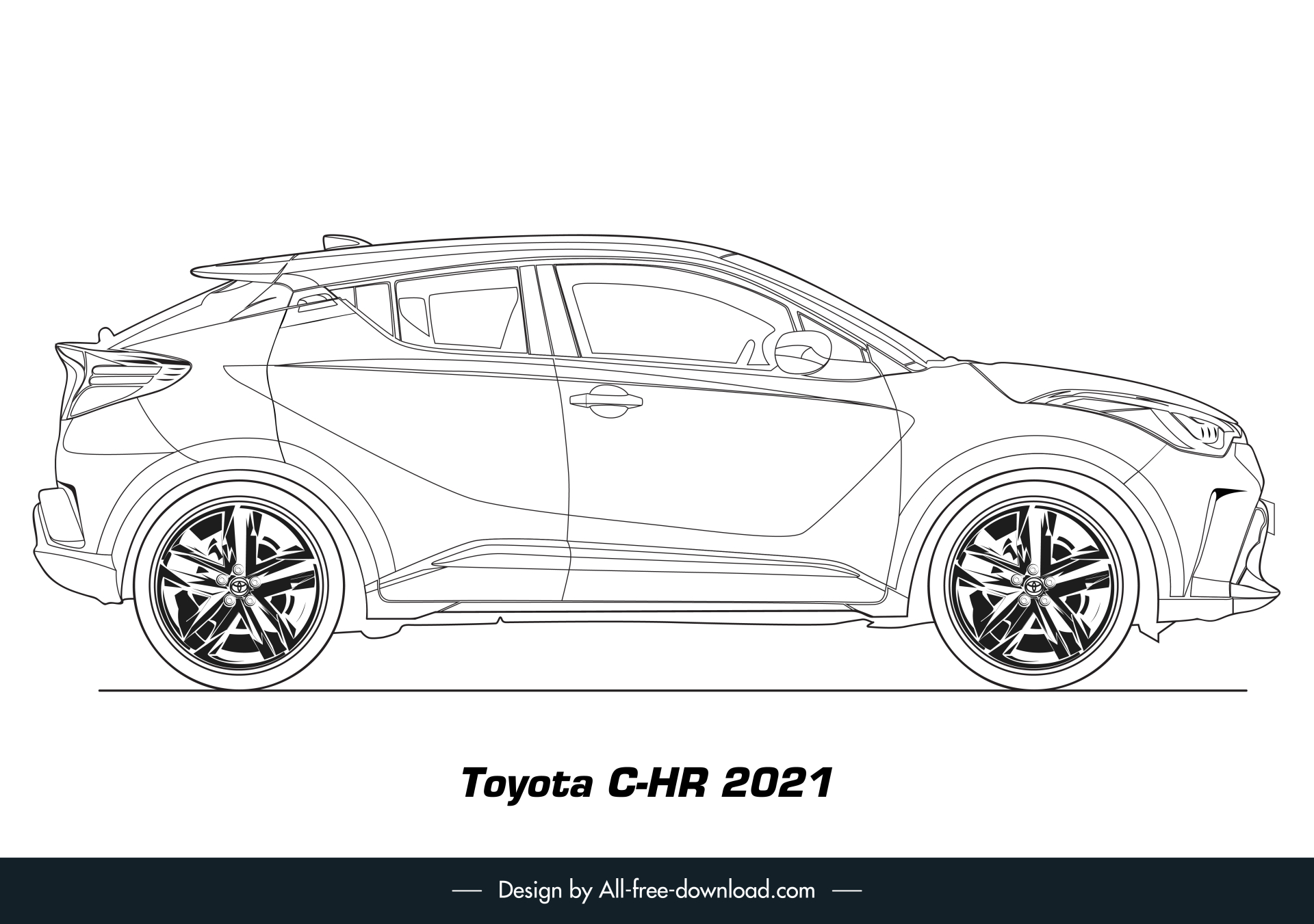 toyota c hr 2021 car model icon black white handdrawn side view sketch