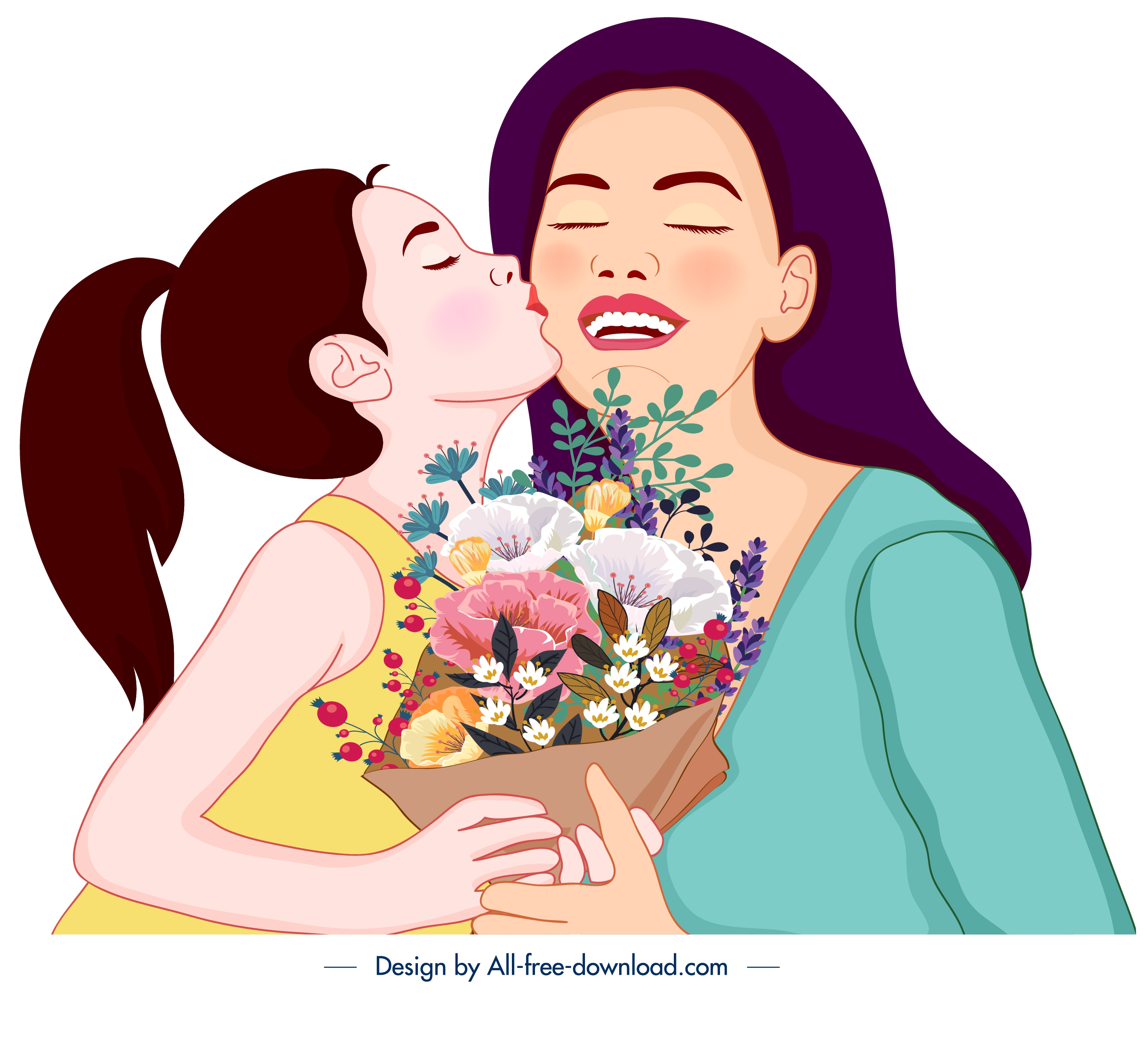 mother day painting daughter kissing mom cartoon characters