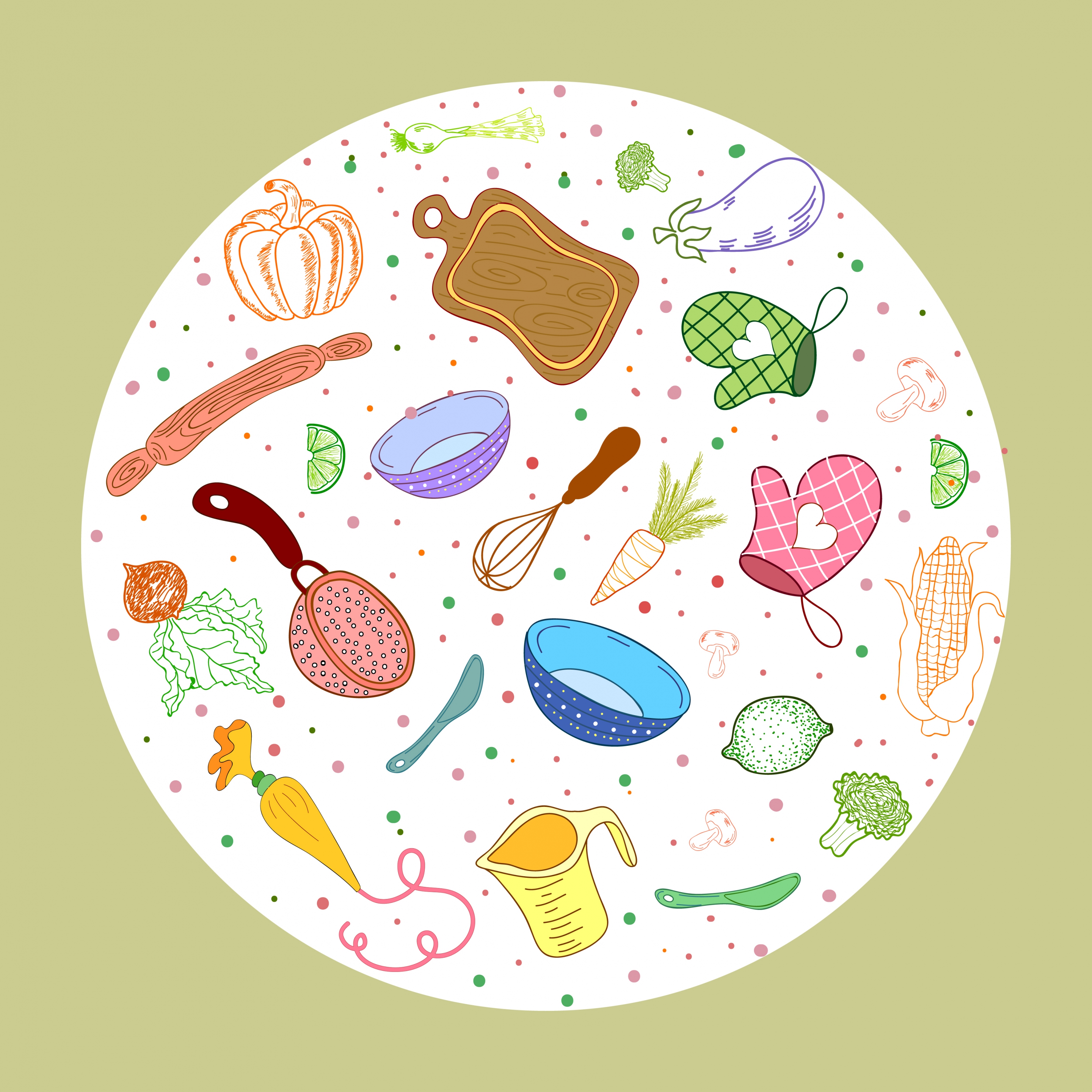 cooking work background utensils vegetables icons circle layout