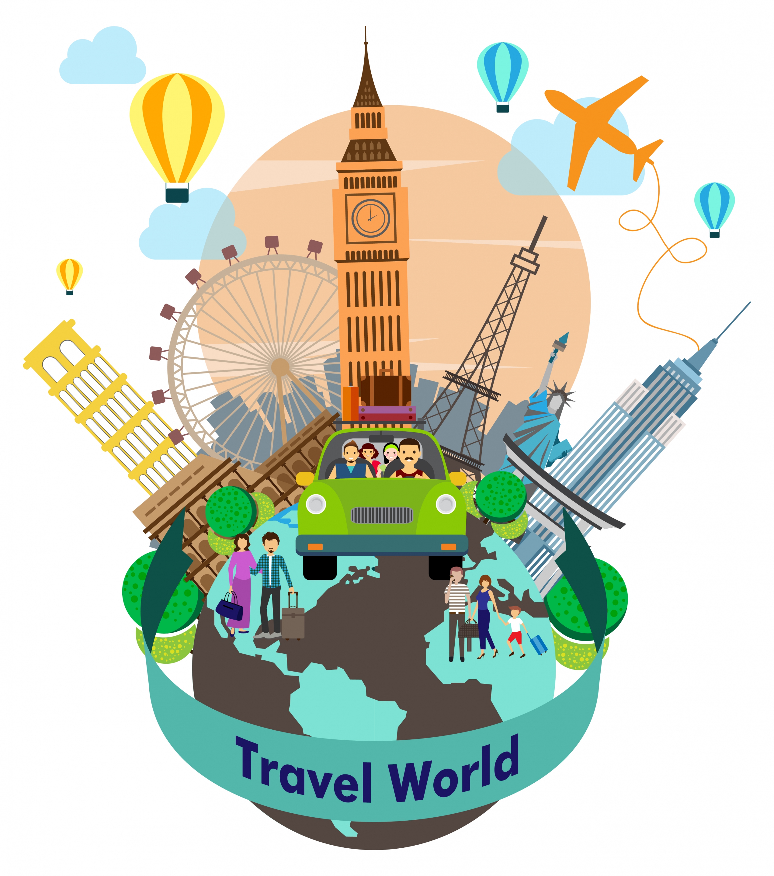 travel world background with famous symbols around planet