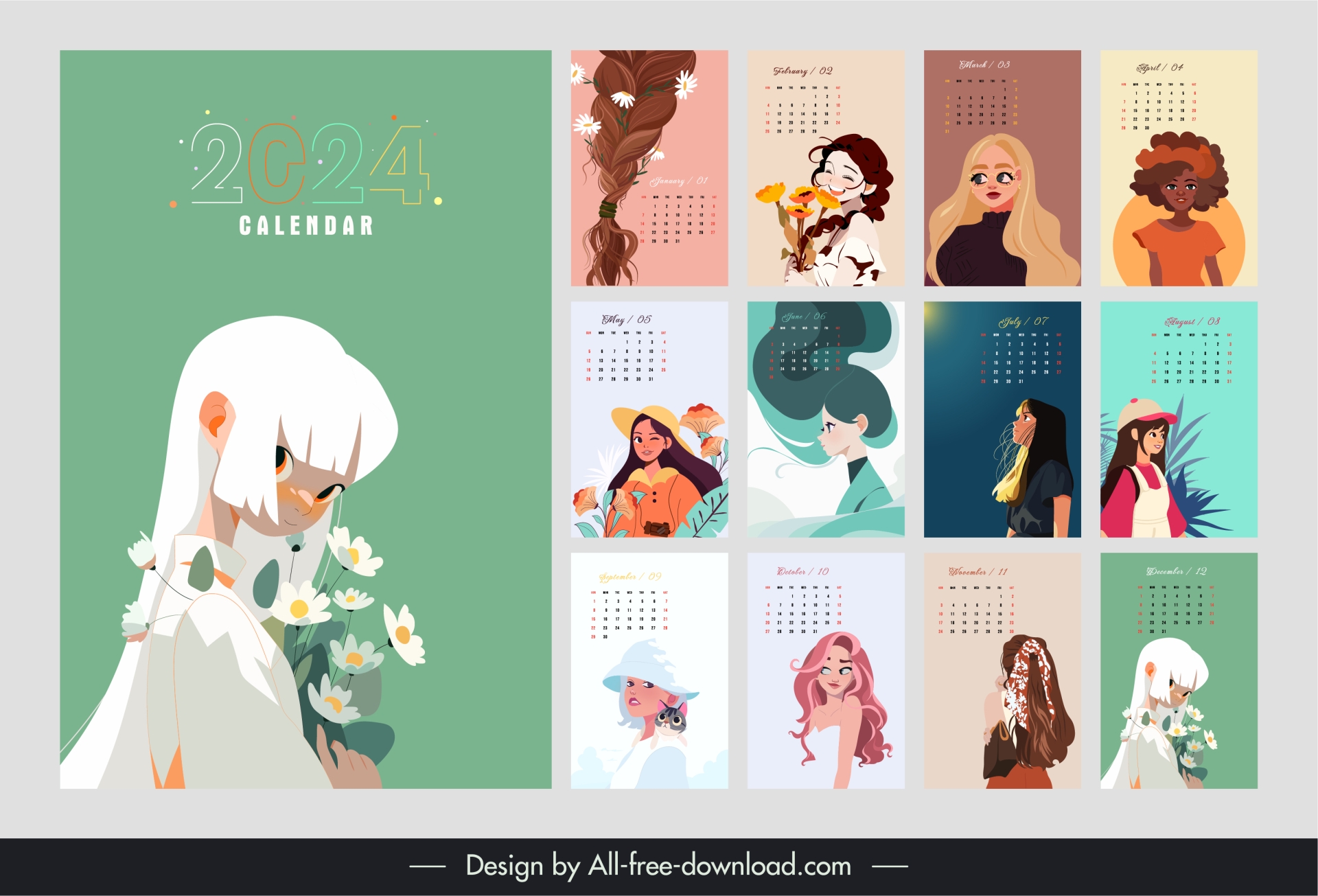 calendar 2024 templates cute cartoon girls