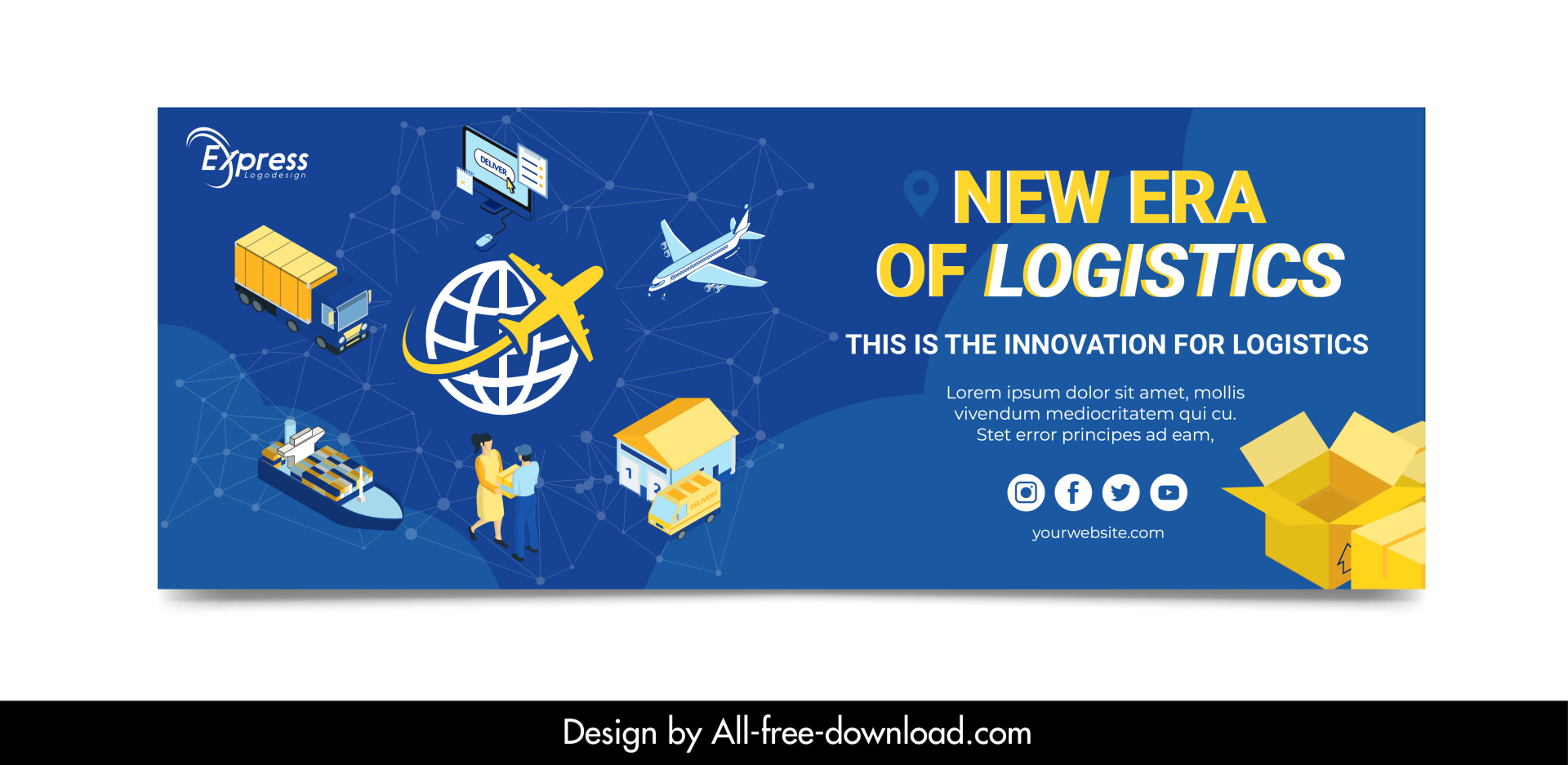 logistics network facebook cover template vehicle elements globe sketch 